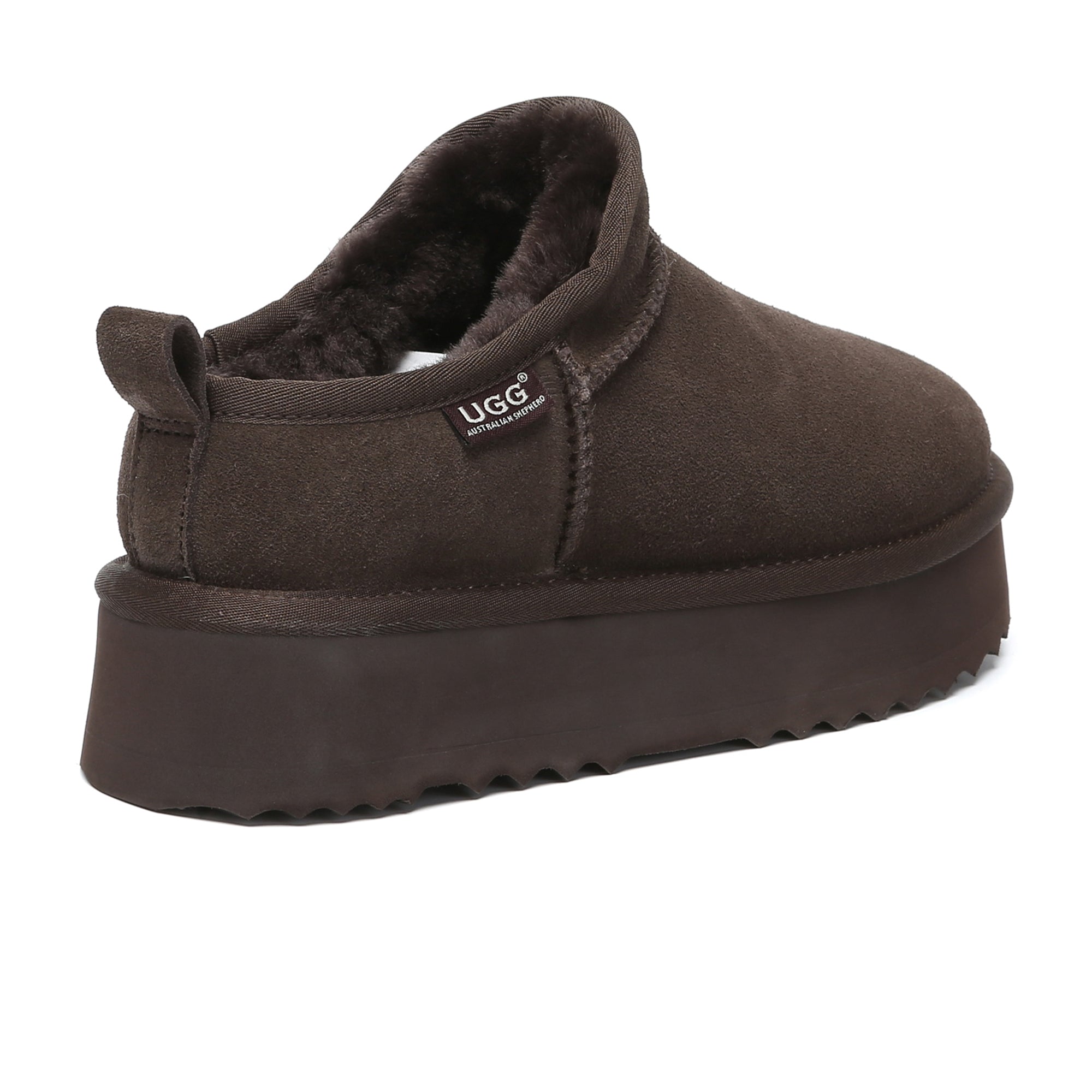 EverUgg Nano Classic Ankle UGG platform boots for women with beige suede exterior and chunky rubber sole.