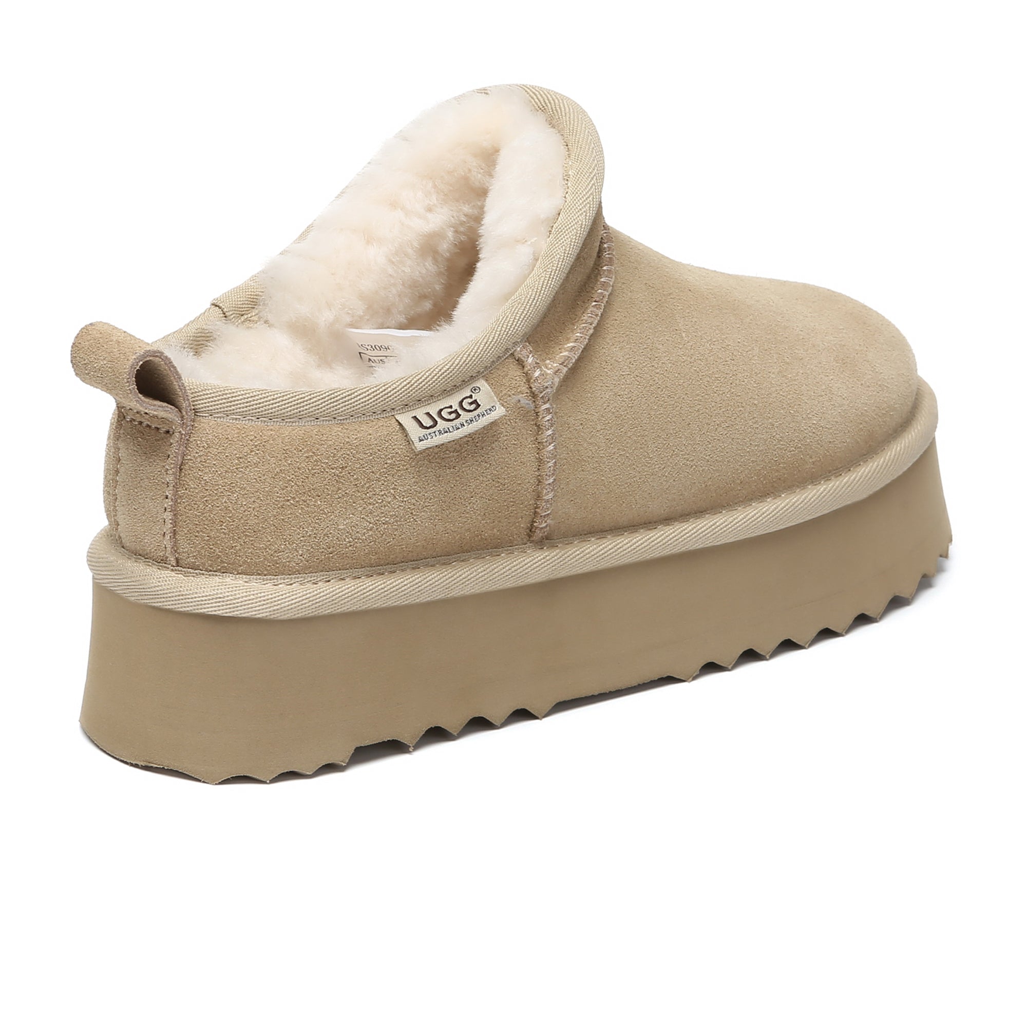 EverUgg Nano Classic ankle UGG platform boots for women, with beige suede exterior and fluffy shearling lining.