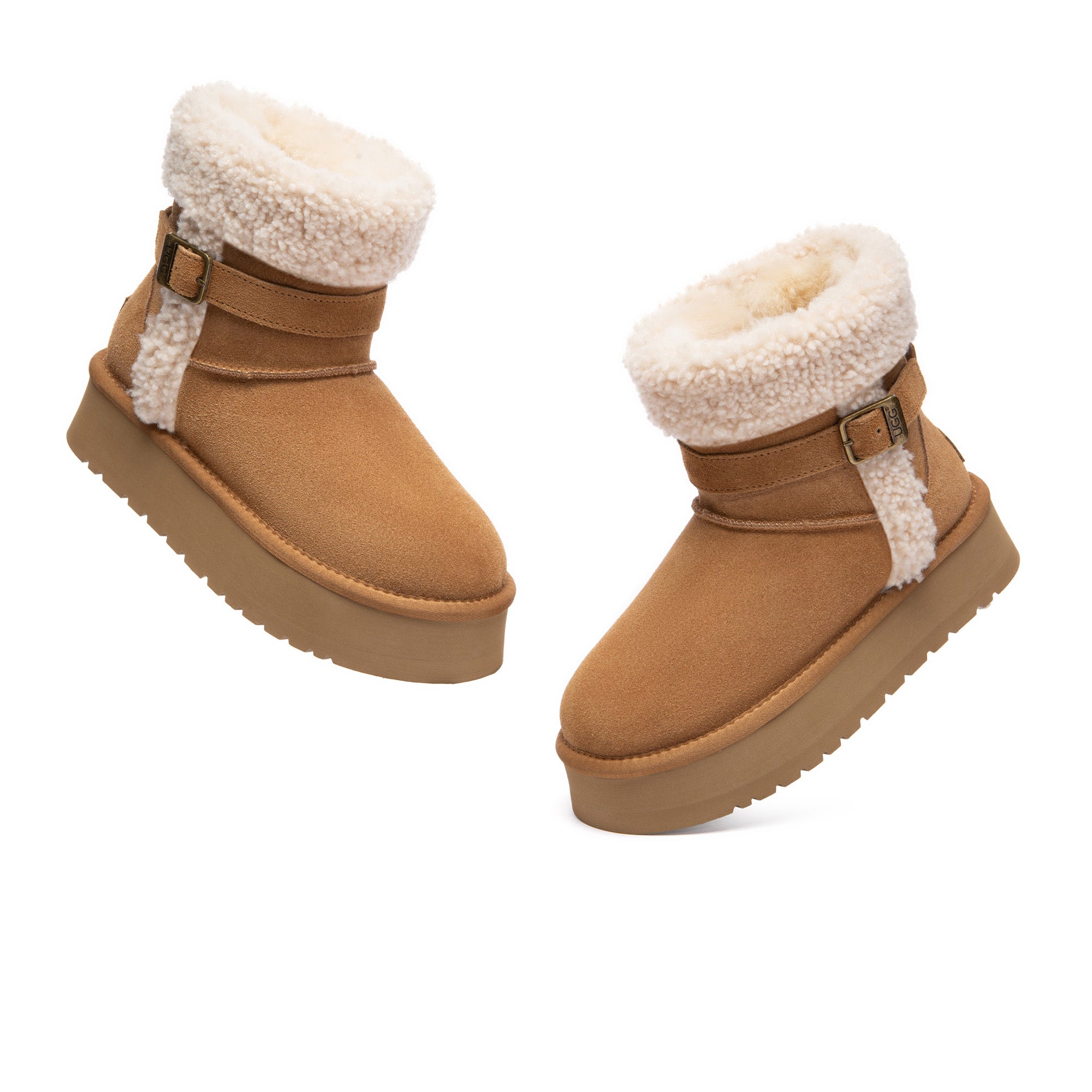 EverUgg Nordic Buckle Strap Mini UGG Boots with decorative buckle and strap detail, showcasing cozy winter footwear.