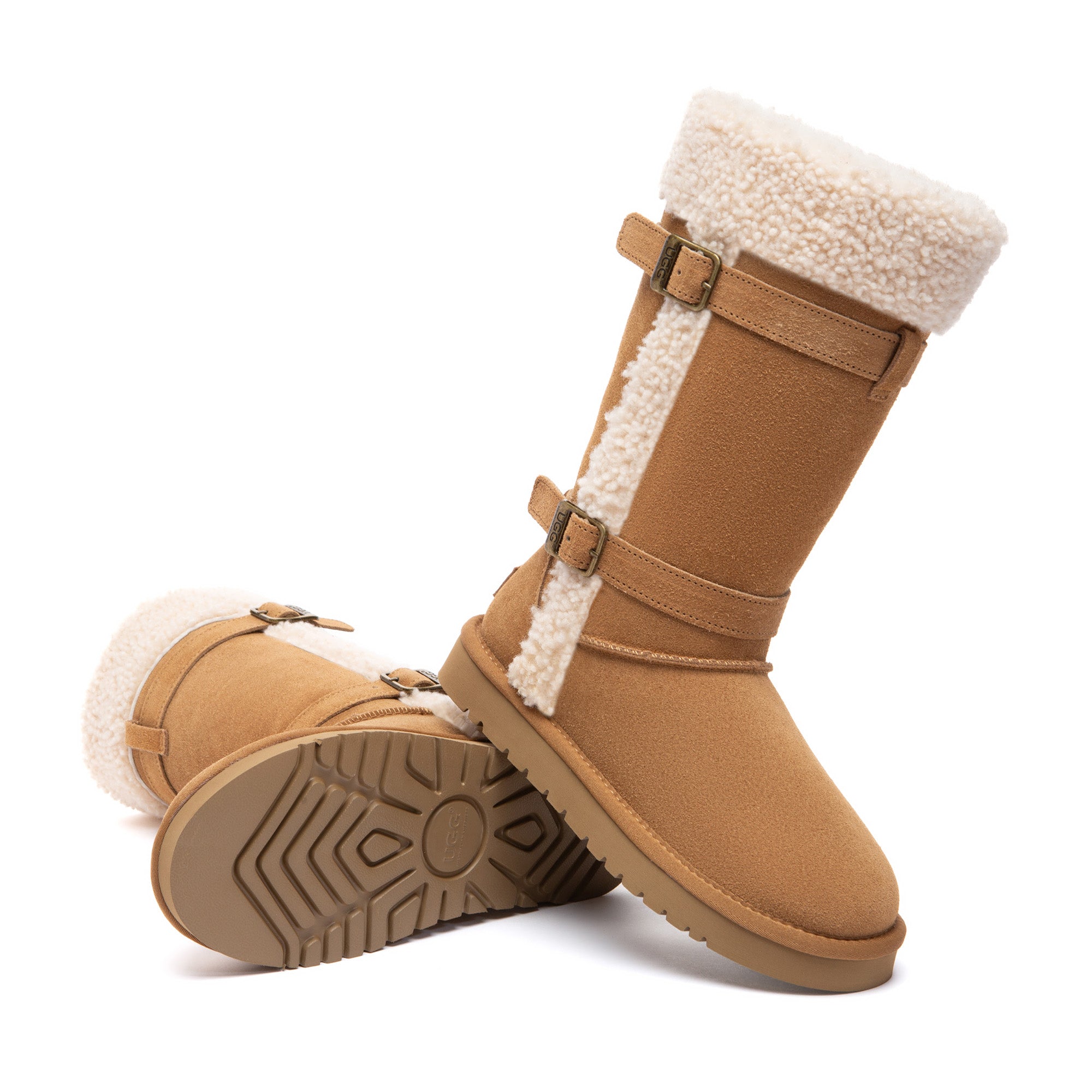 EverUgg Nordic buckle strap tall boots with decorative buckles and stitching, made of soft suede material.