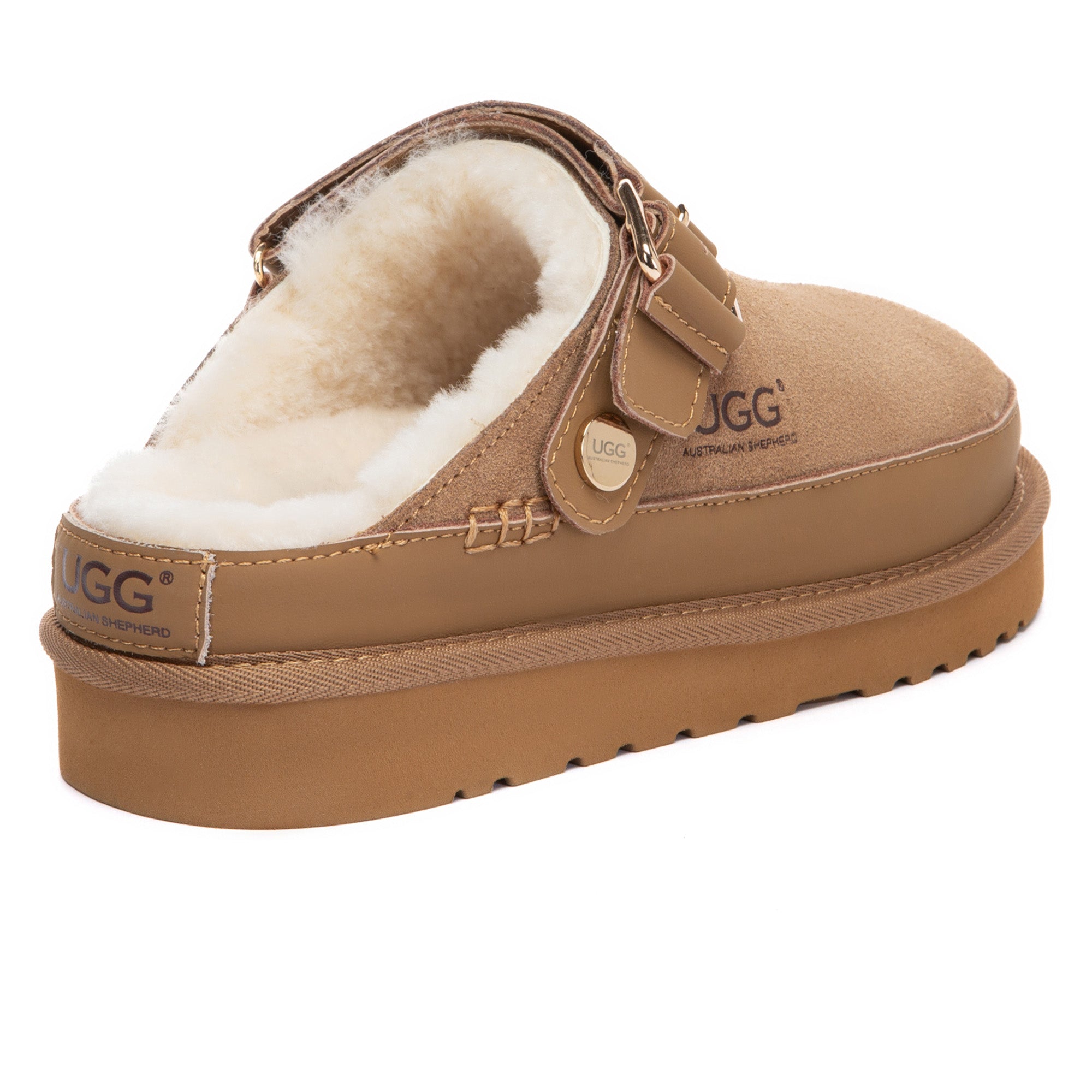 EverUgg Norv slingback platform slippers showing beige UGG slippers with a chunky heel and slingback strap on a white background.