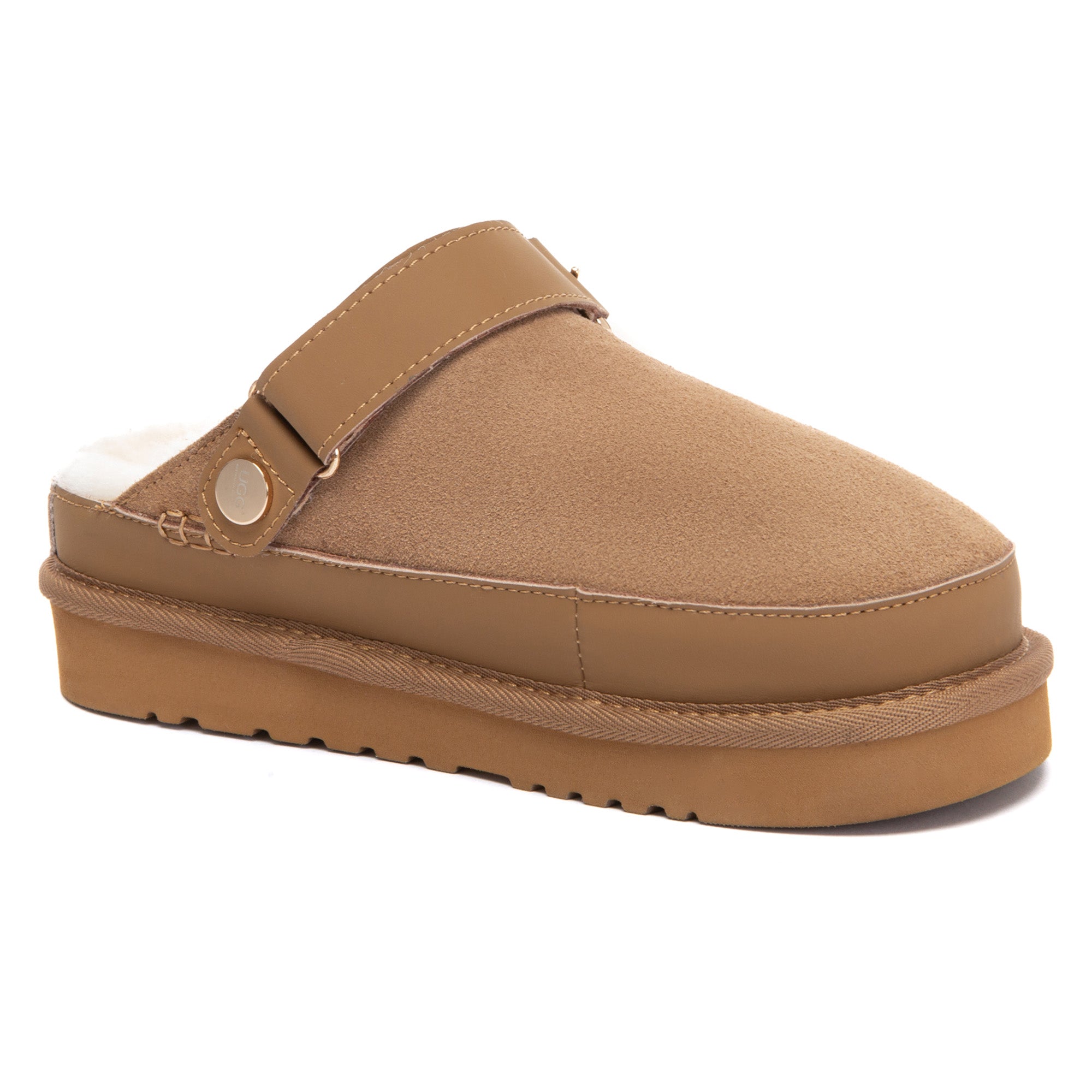 EverUgg Norv slingback platform slippers with open toe design and cushioned soles, featuring beige and brown UGG-style accents.