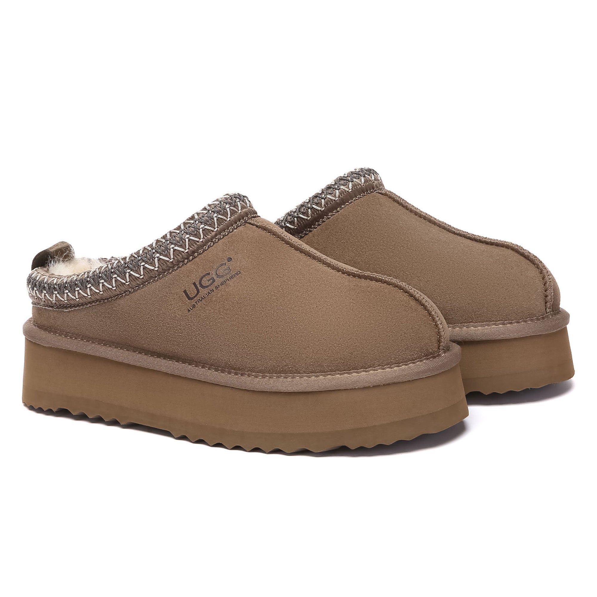 EverUgg Tazman multicolor UGG platform slippers for women with cozy shearling lining and vibrant woven design.