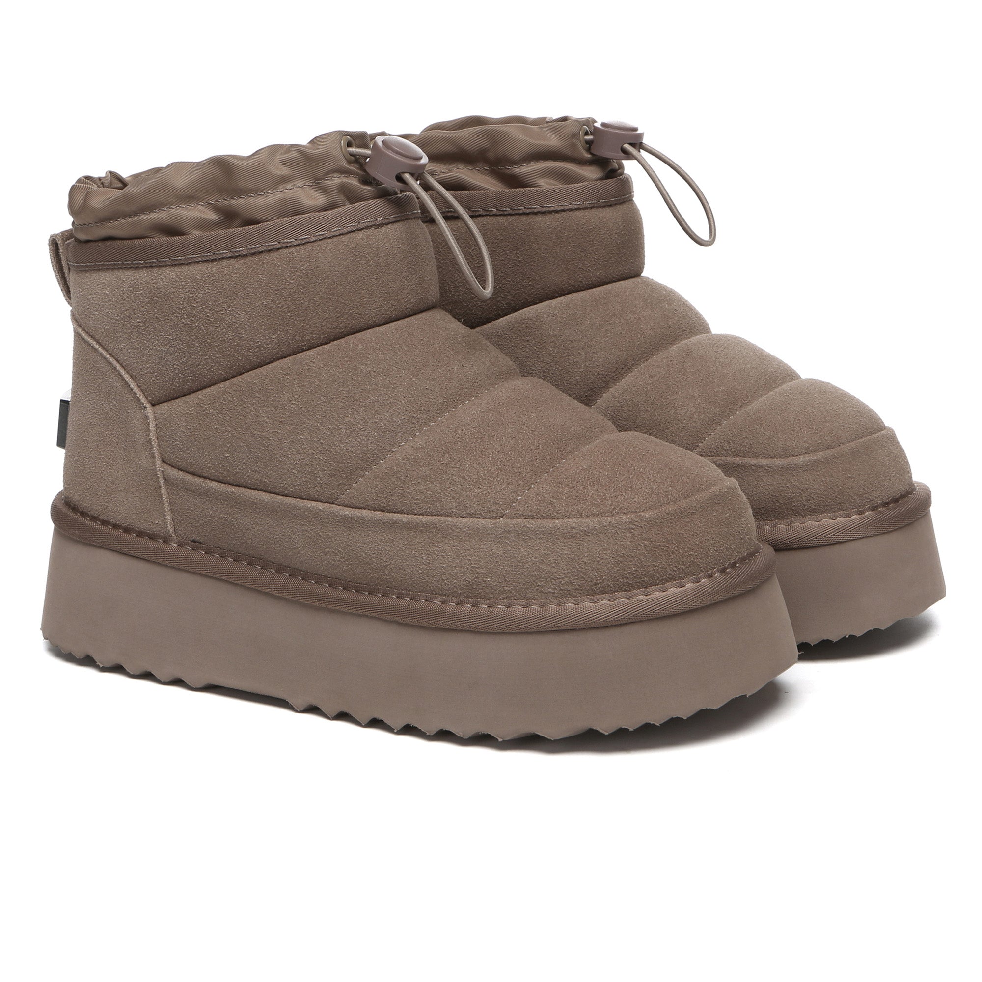 EverUgg Picken adjustable mini platform UGG boots for women, showing brown suede shoes with chunky soles and adjustable straps.