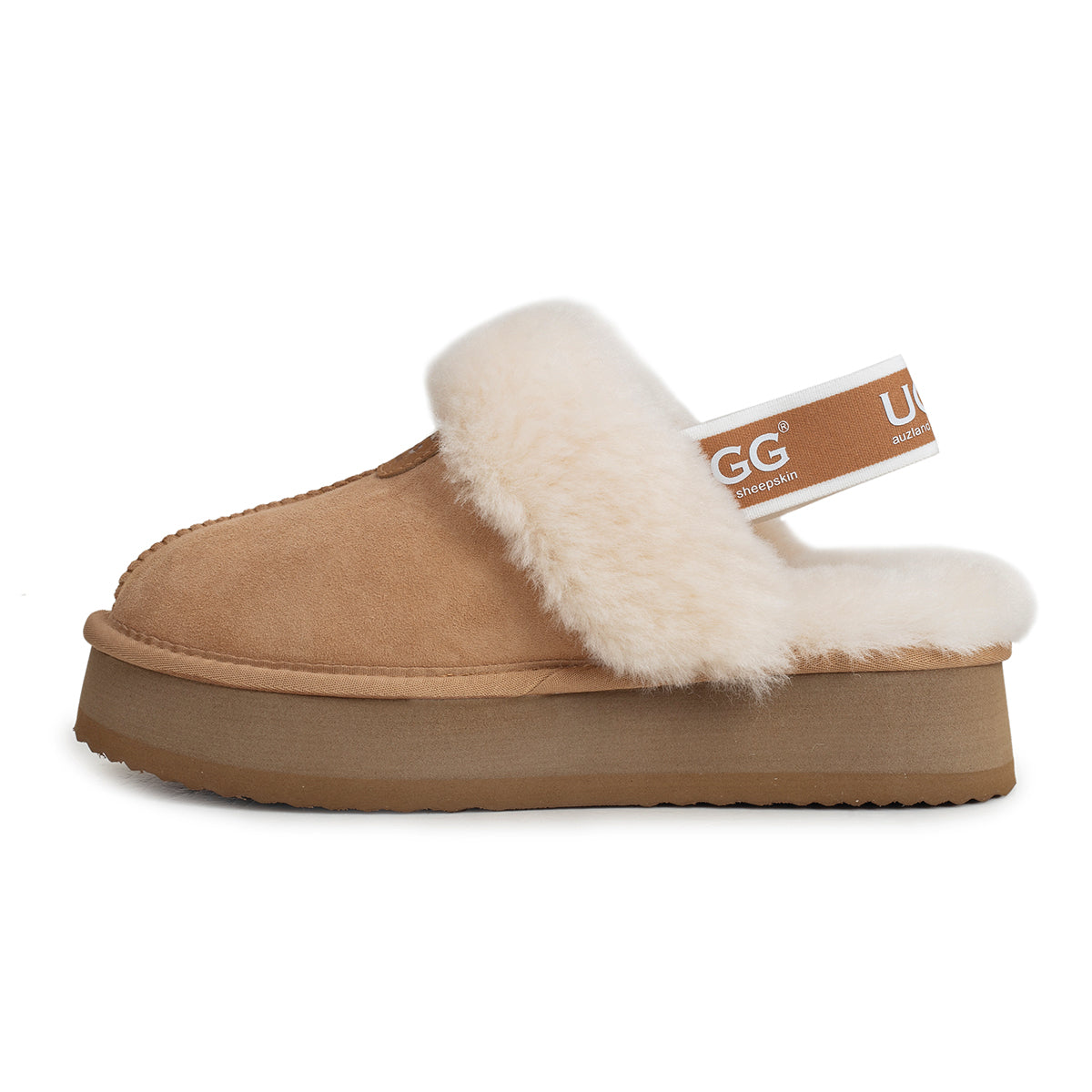 Auzland platform strap UGG slippers with chest strap design, soft sole, and cozy interior for comfortable indoor wear.