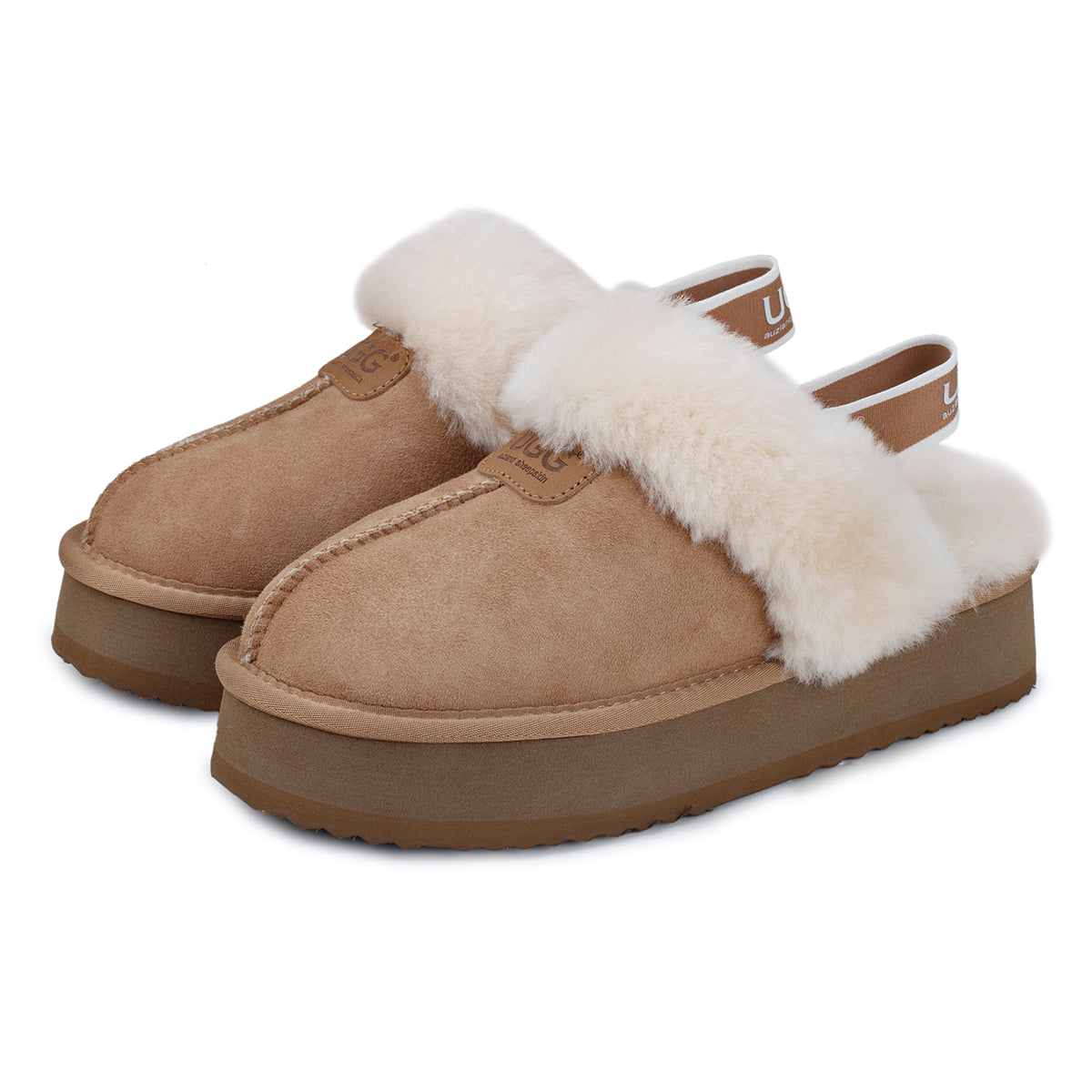 Auzland platform strap UGG slippers featuring a cozy design with a chest strap and plush material for comfort and style.