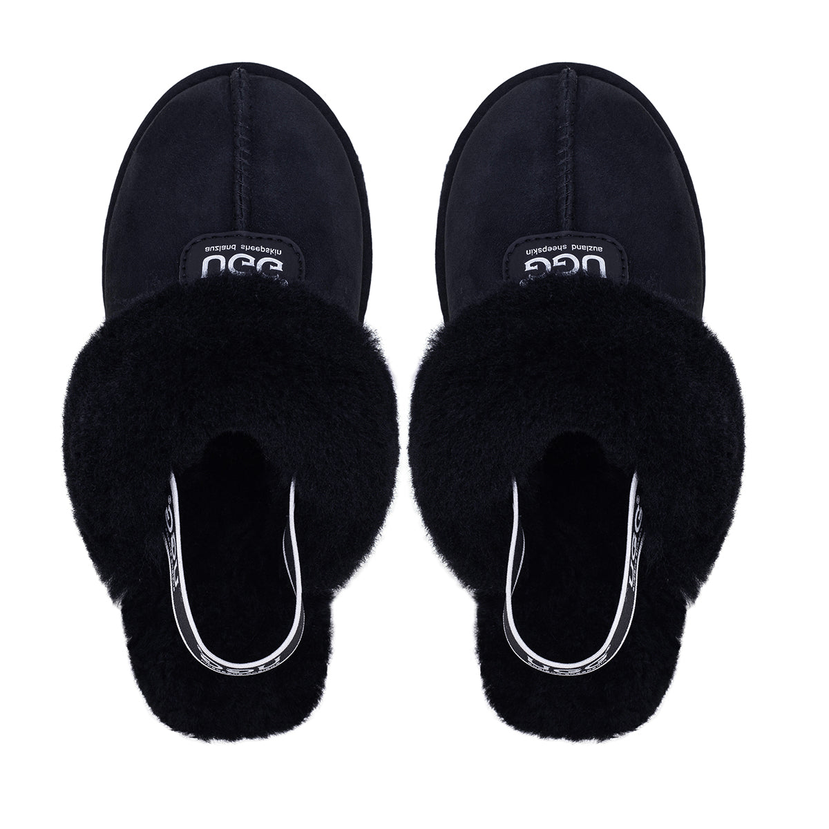 Black UGG slippers with platform straps by Auzland featuring a cozy slip-on design and cushioned sole.