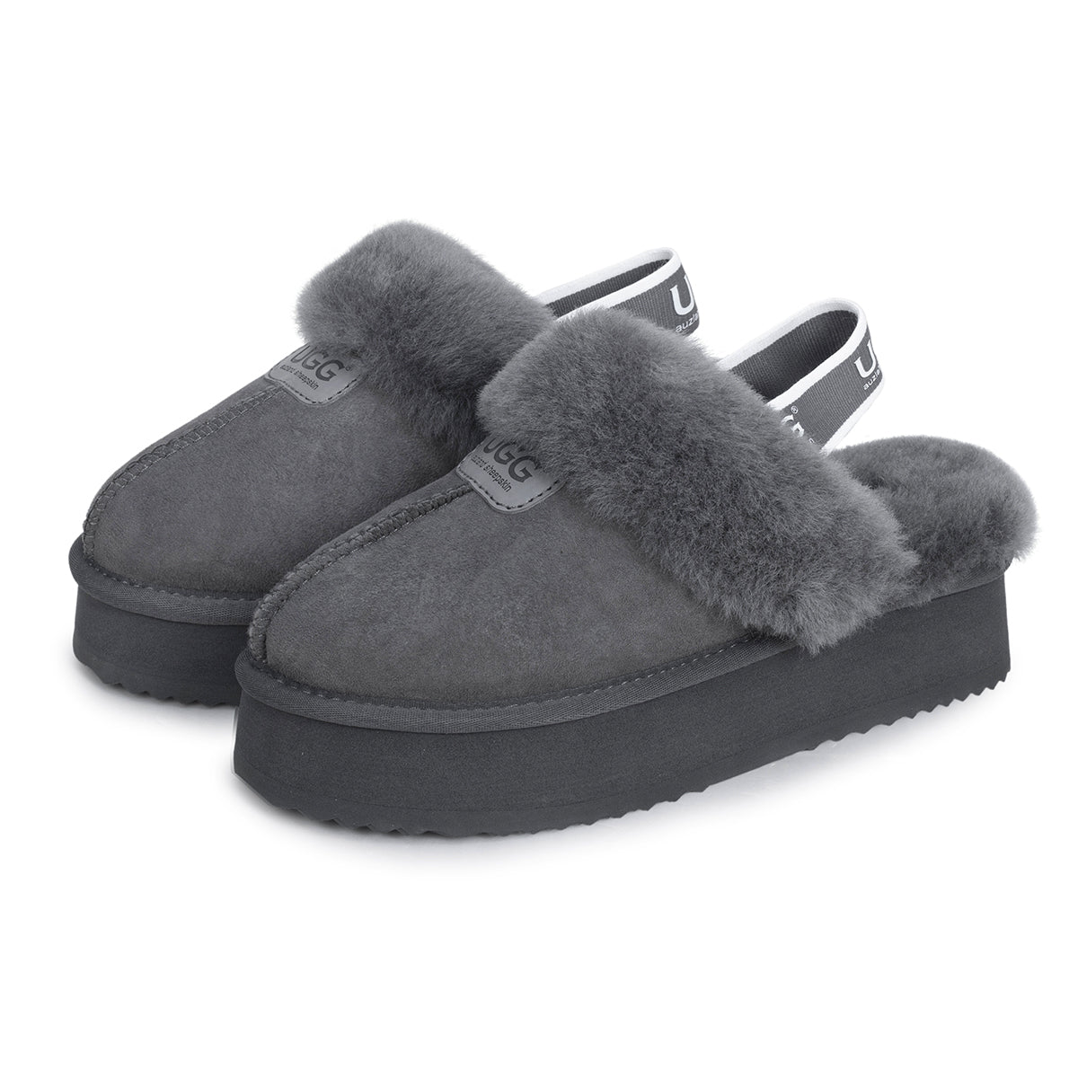 Auzland grey UGG slippers with platform strap and cozy interior, perfect for comfortable indoor wear.