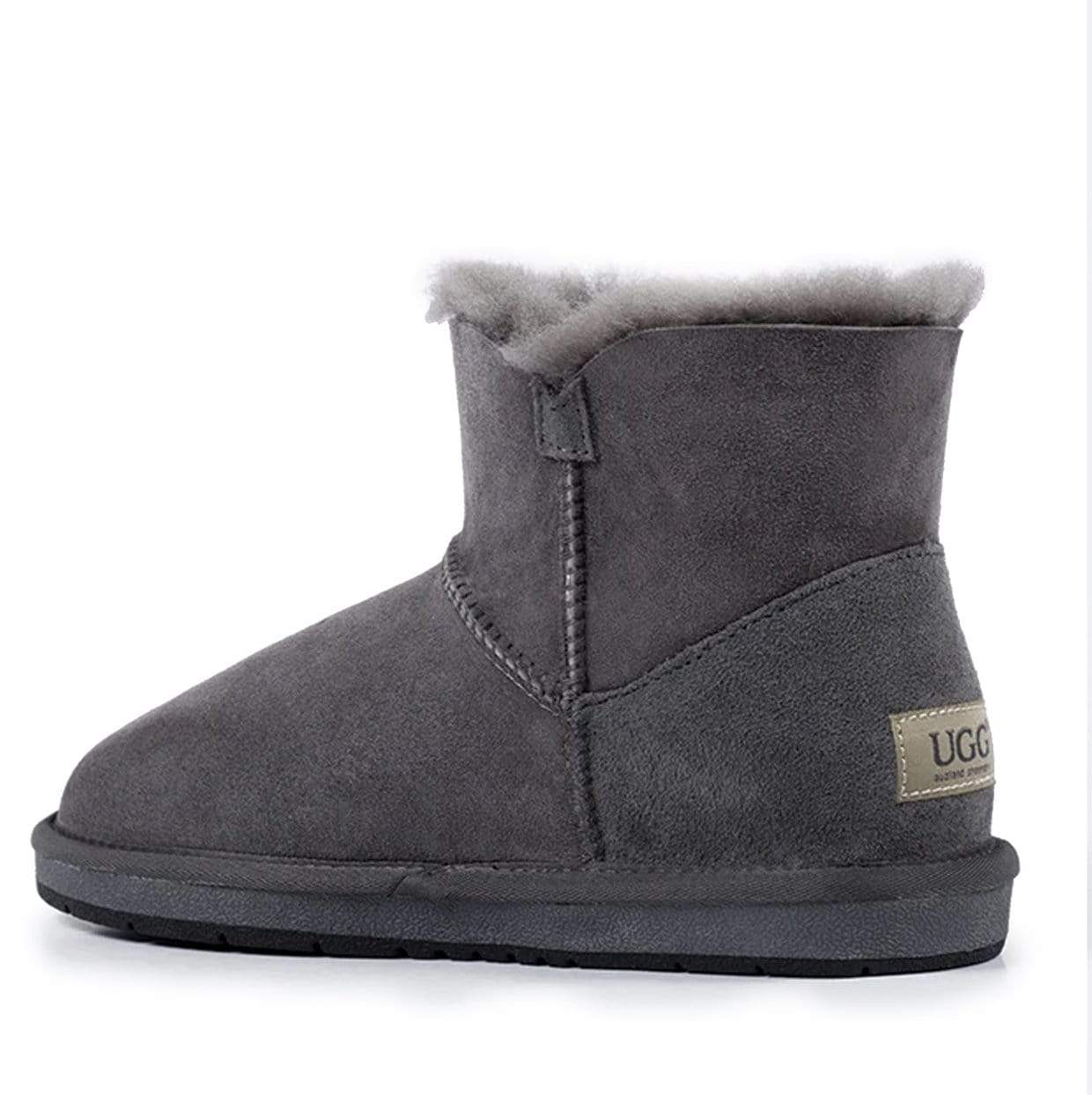 A pair of Auzland UGG Mini Button Classic Boots for women, featuring a cozy design with button accents and soft UGG suede material.