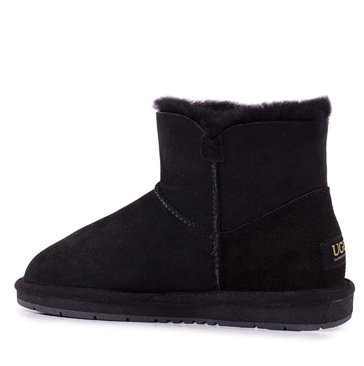 Auzland premium mini UGG boots for women featuring classic button details and soft sheepskin lining, stylish and cozy footwear.