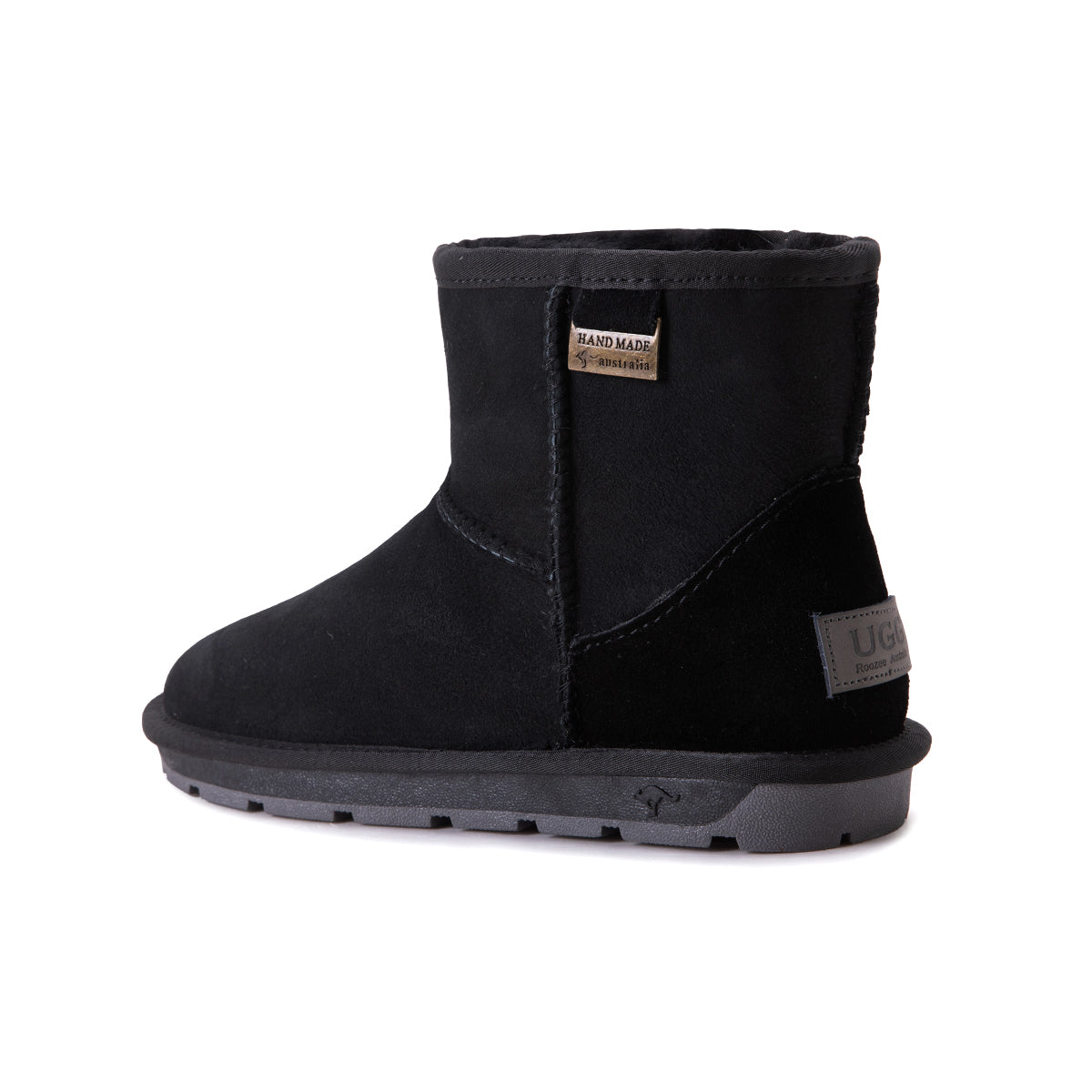 Black Auzland premium mini classic Australian-made UGG boots for women, showcasing cozy sheepskin lining and durable suede exterior.
