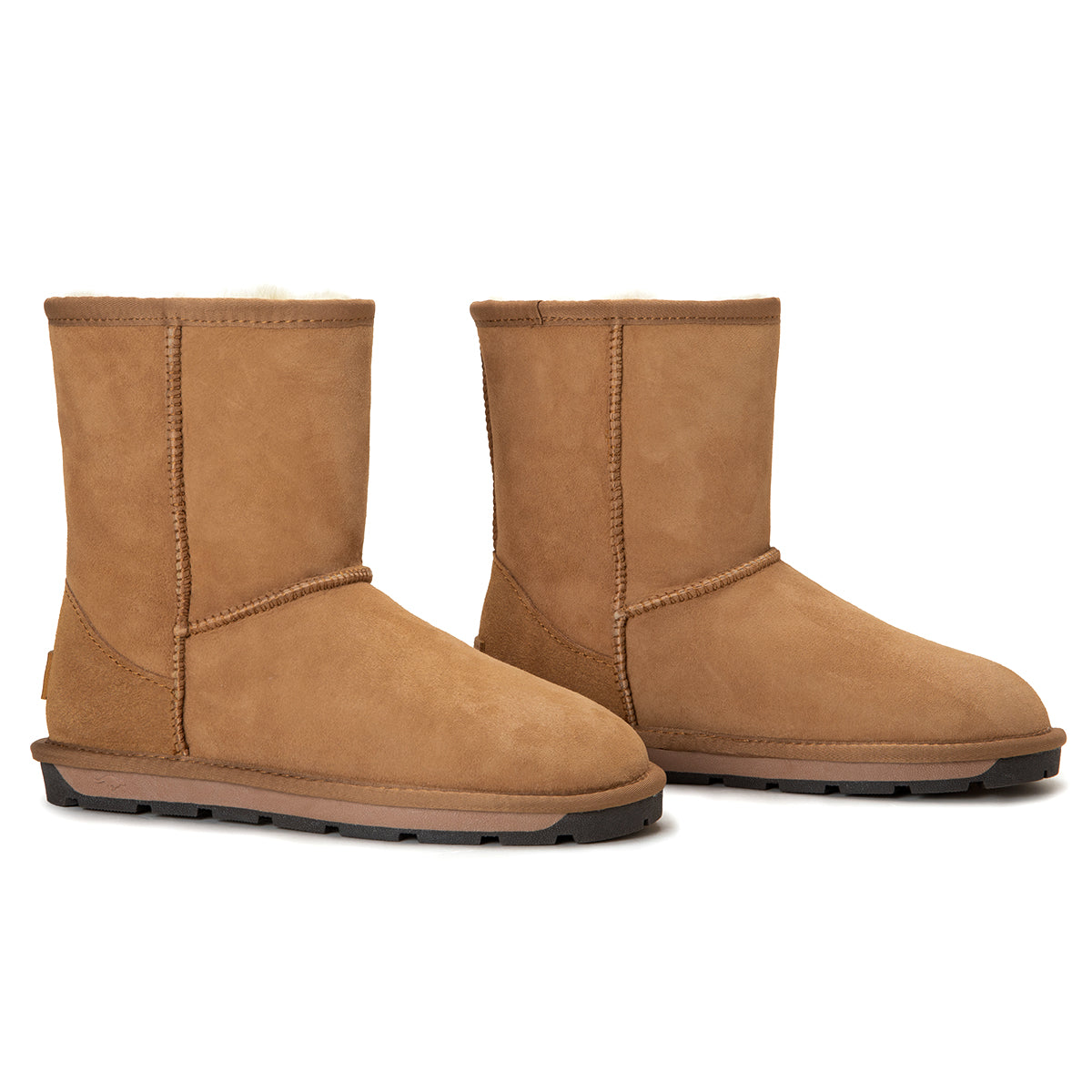 A pair of premium short Australian-made UGG boots by Auzland, classic style, featuring soft suede exterior and cozy shearling lining.