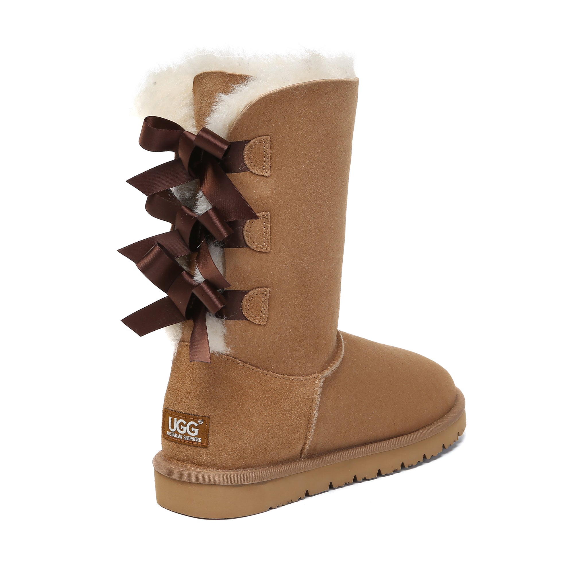 EverUgg premium tall back bow UGG boots for women featuring a stylish design and comfortable fit, shown in a close-up view.