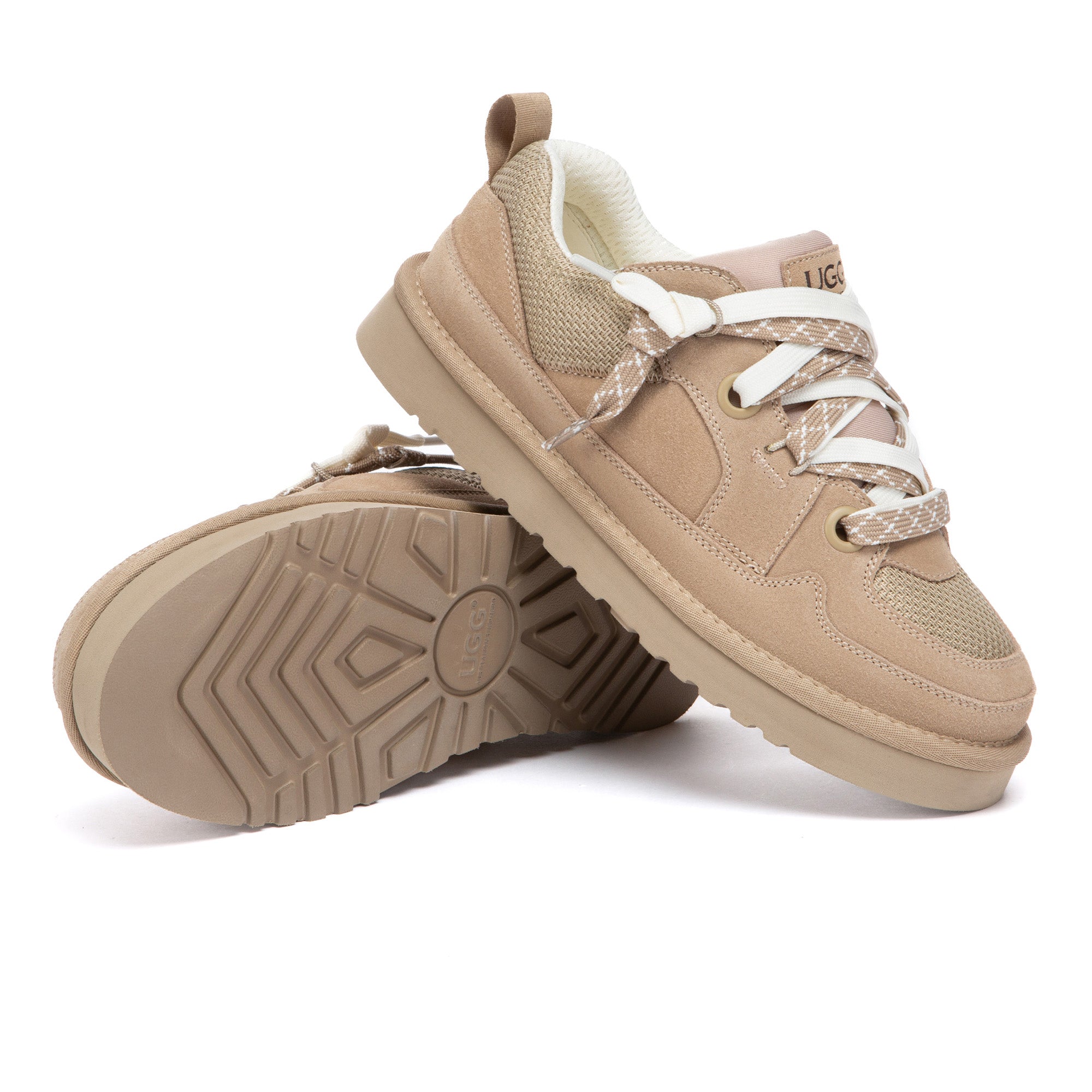 EverUgg premium sneakers with white and beige design, featuring laces and cushioned soles, stylish and comfortable footwear.