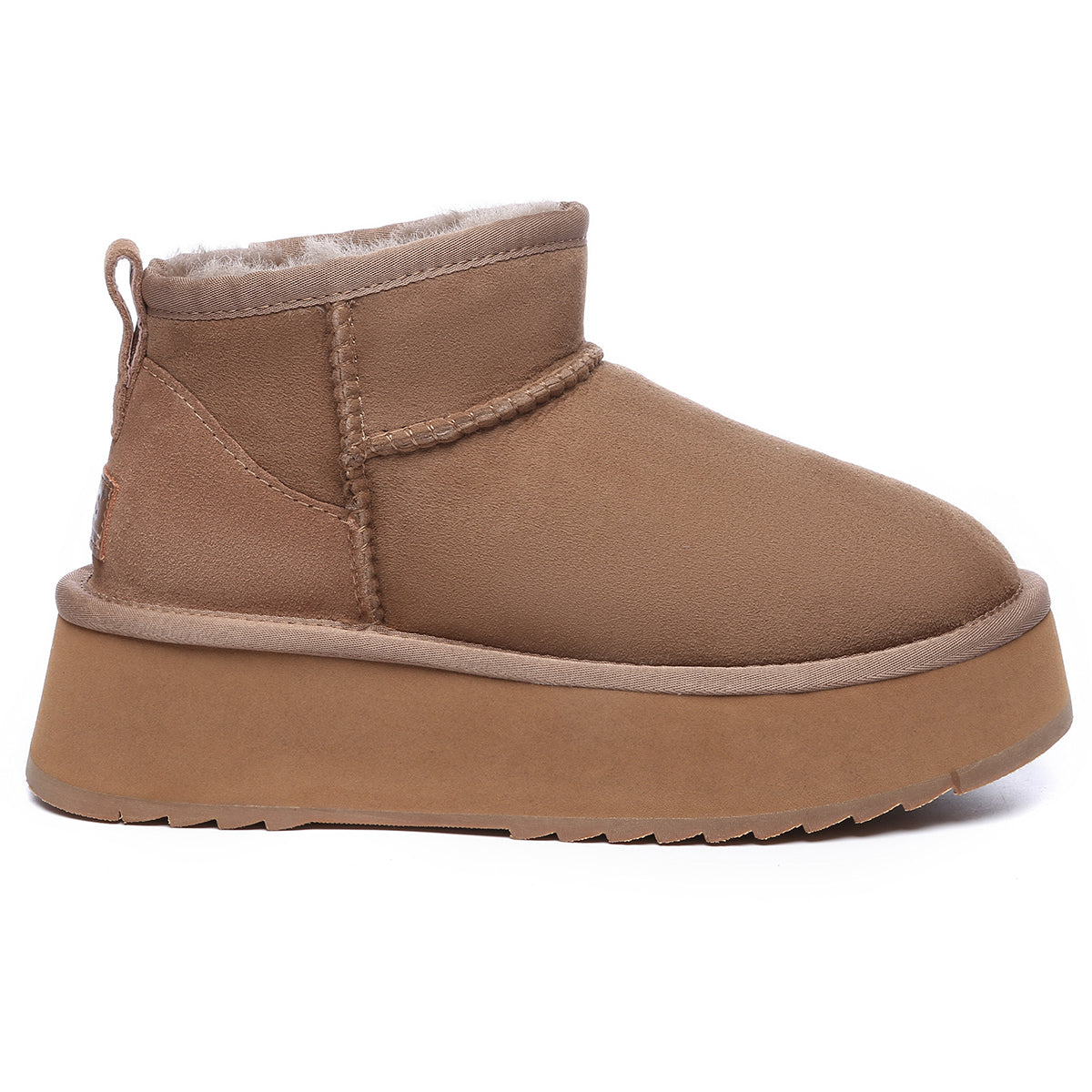 EverUgg Premium Ultra Mini Platform UGG Boots in brown showing a close-up of the stylish, cozy footwear on a white background.