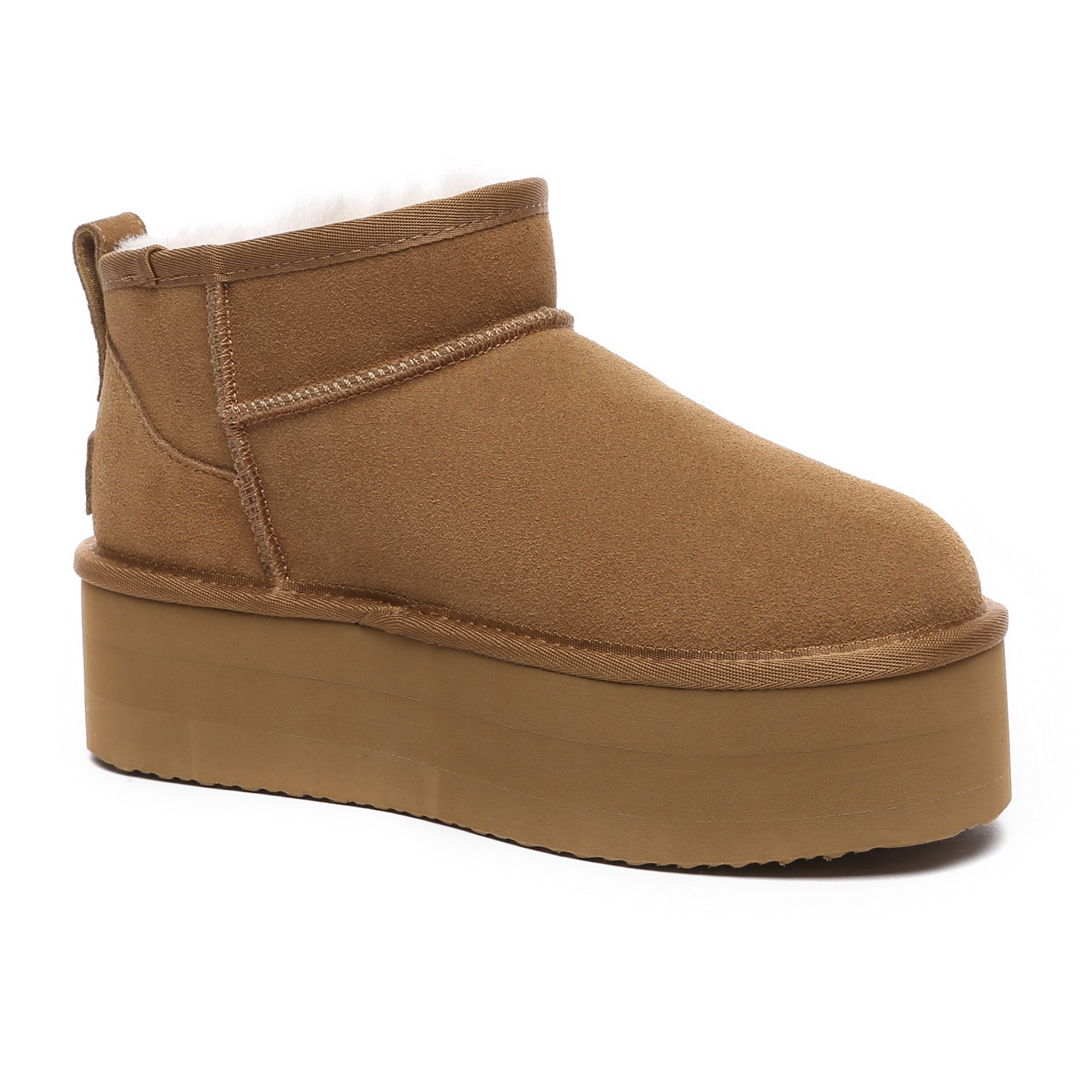 EverUgg premium ultra mini platform UGG boots in chestnut with fuzzy sheepskin lining and sturdy rubber soles.