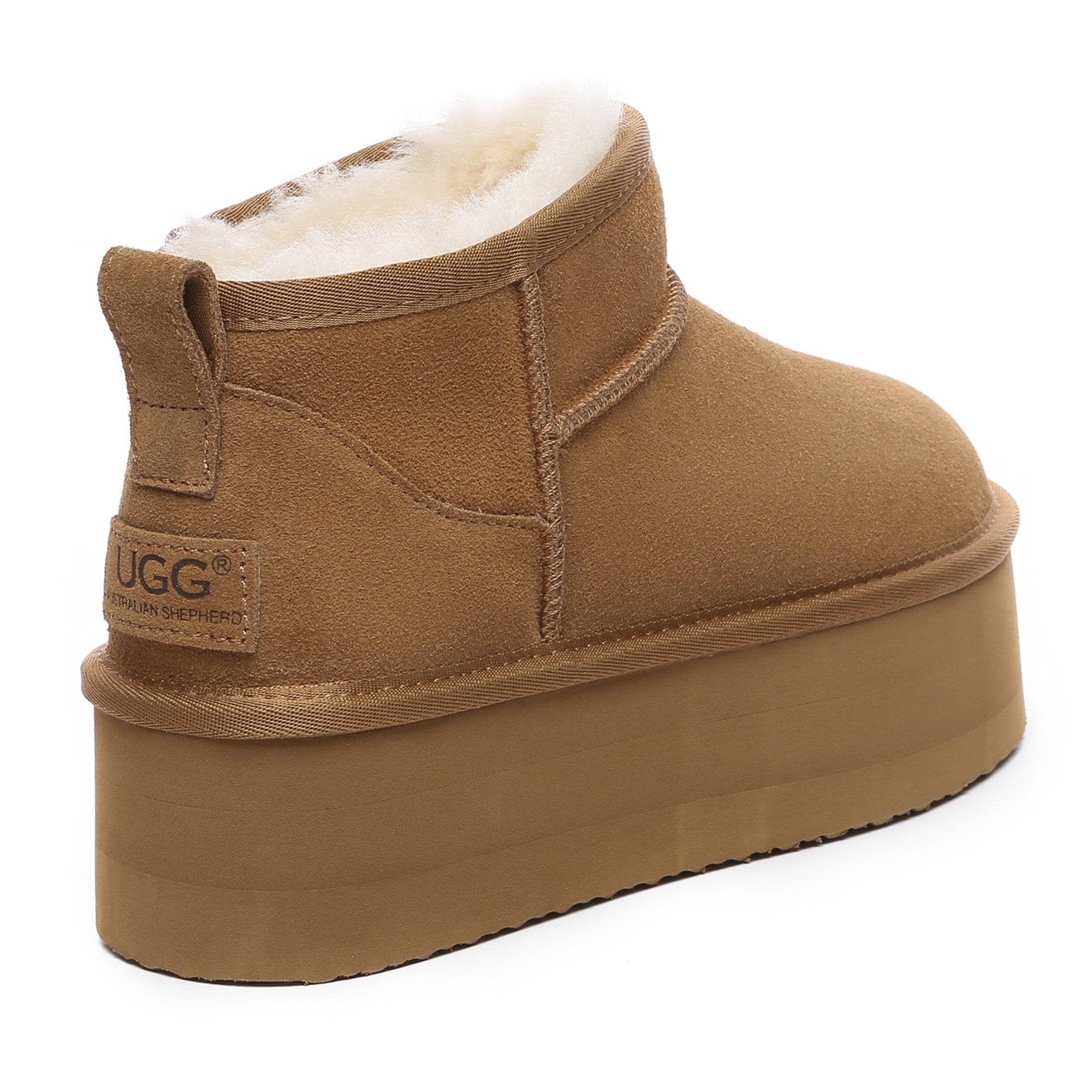 EverUgg Premium Ultra Mini Platform UGG Boots in chestnut color, showcasing the cozy design and mini platform style.