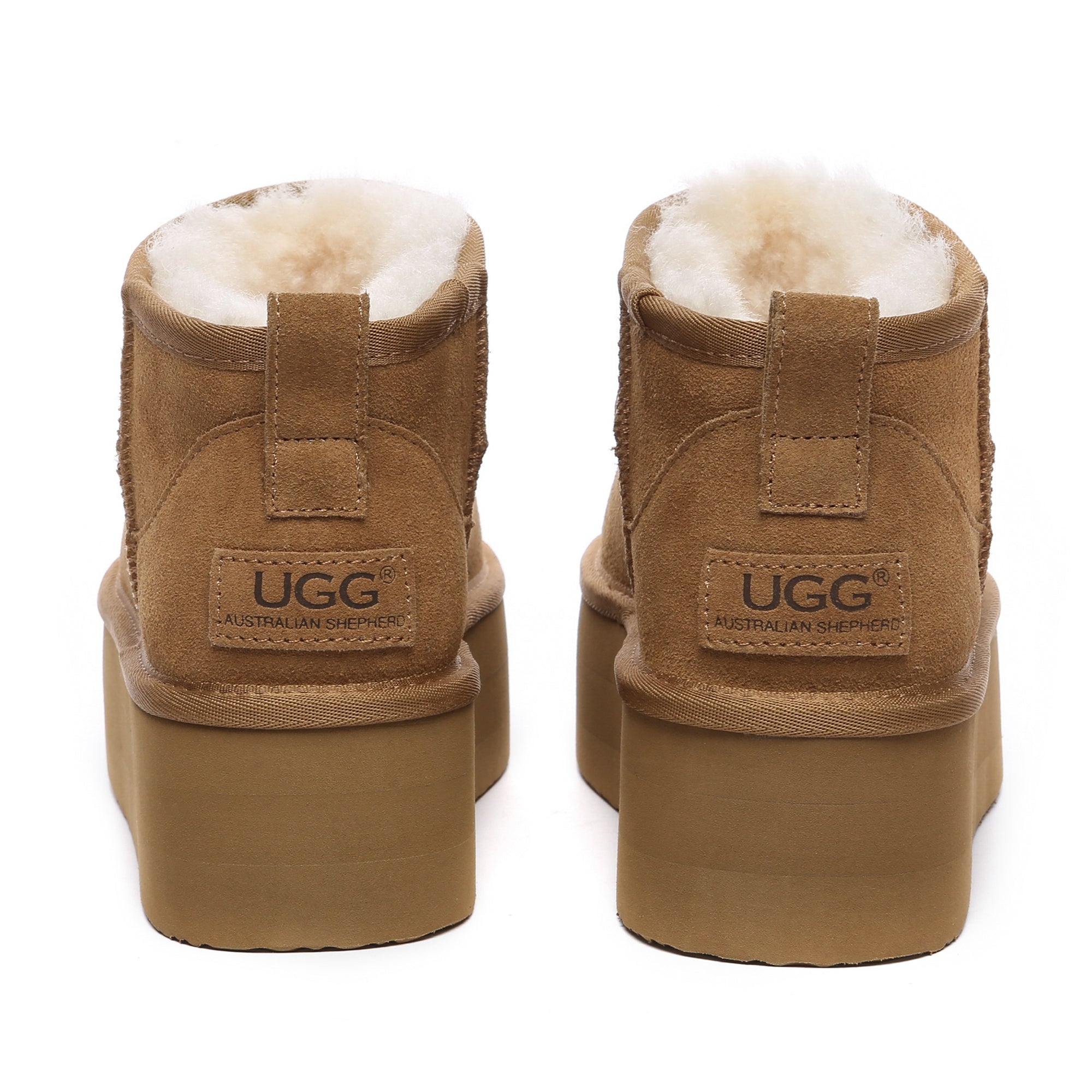 EverUgg Premium Ultra Mini Platform UGG Boots in chestnut color, showing the cozy suede exterior and mini heel detail.