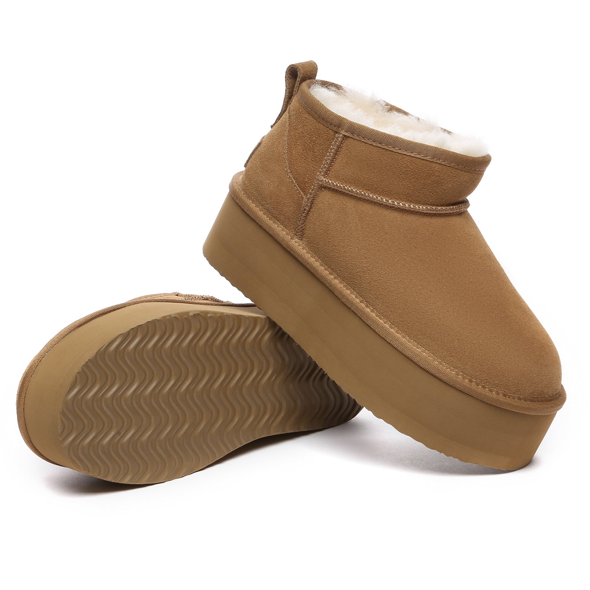 EverUgg Premium Ultra Mini Platform UGG Boots in chestnut color with a cozy fur lining and chunky sole.