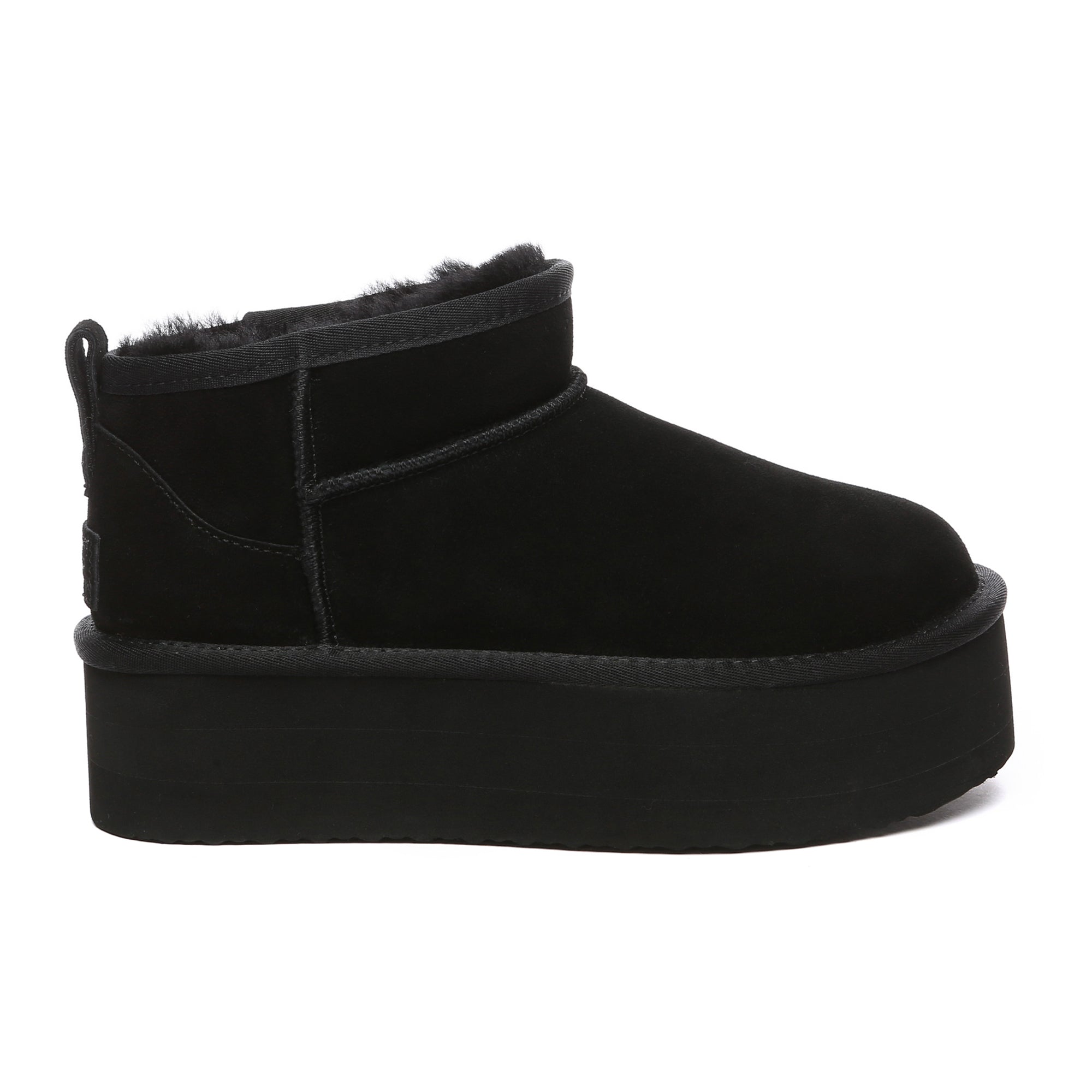 Black EverUgg Premium Ultra Mini Platform UGG Boots with thick soles and cozy shearling lining, shown from the front angle.