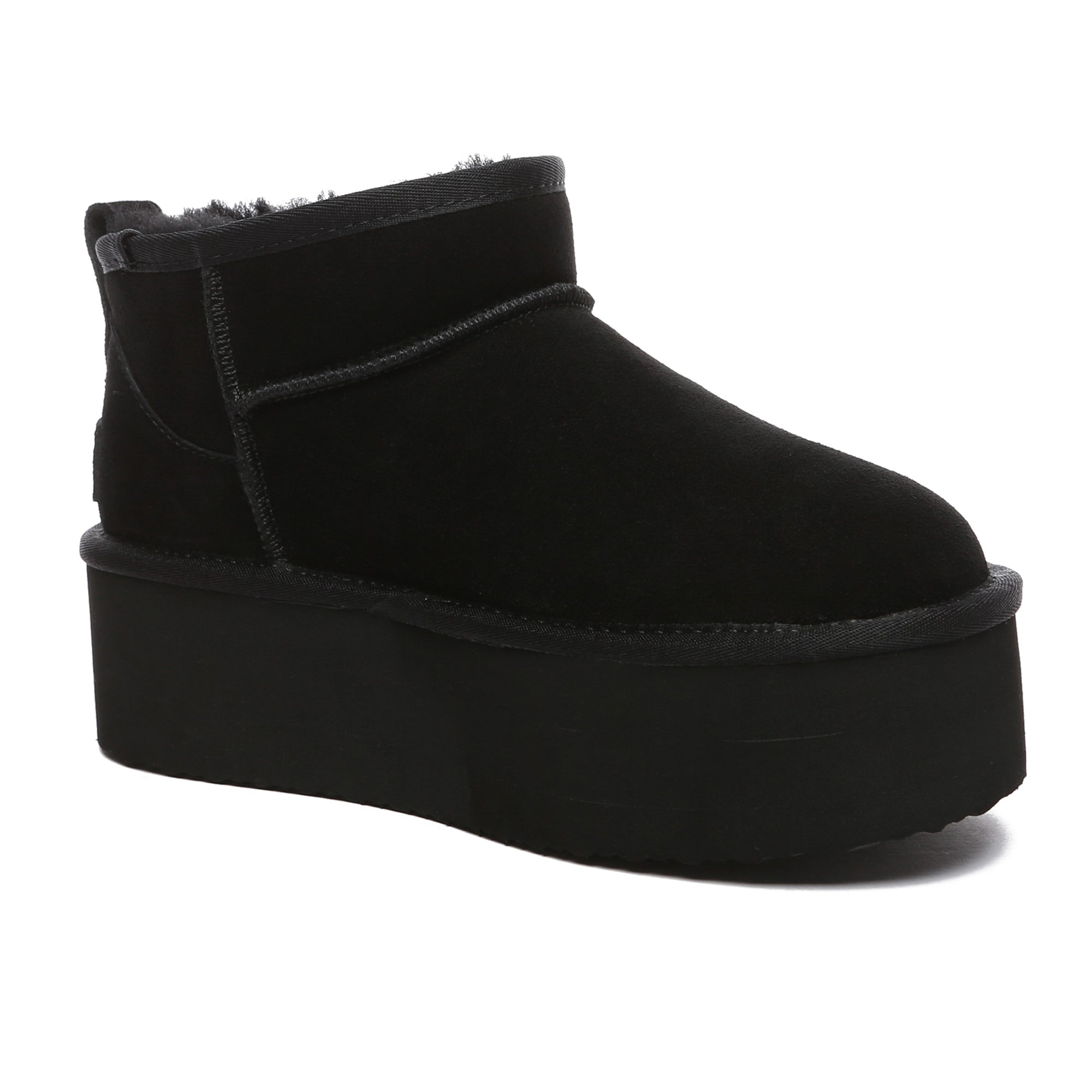 Black EverUgg Premium Ultra Mini Platform UGG Boots with a sleek design and thick sole, displayed on a white background.