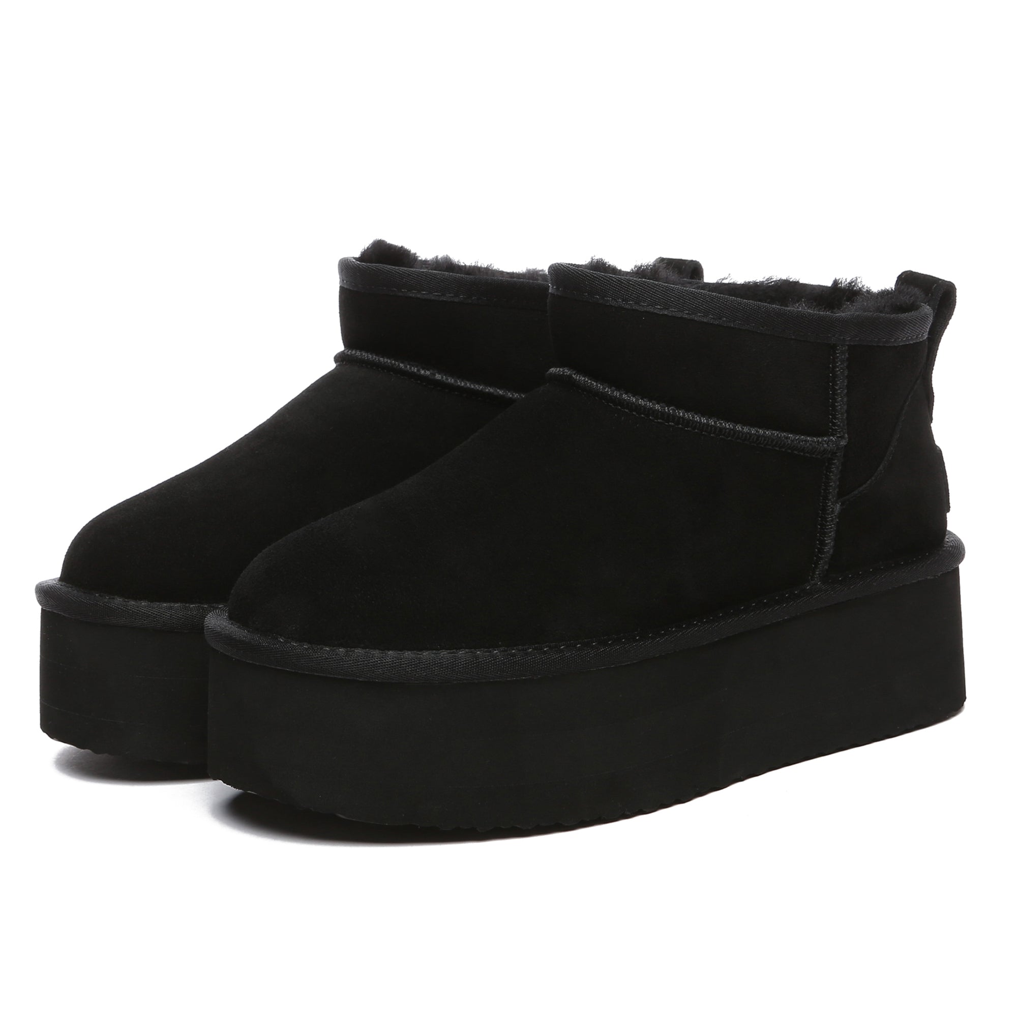 Black EverUgg Premium Ultra Mini Platform UGG Boots with a sleek design and textured sole, shown from a side view.