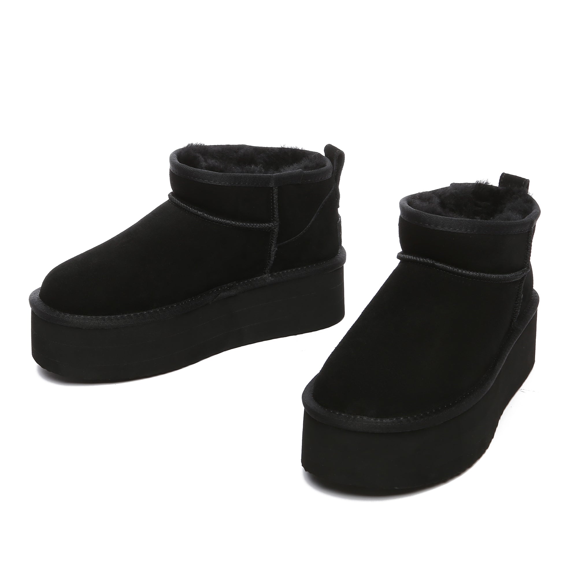 Black EverUgg premium ultra mini platform UGG boots with a sleek silhouette and textured sole, close-up view of the footwear.