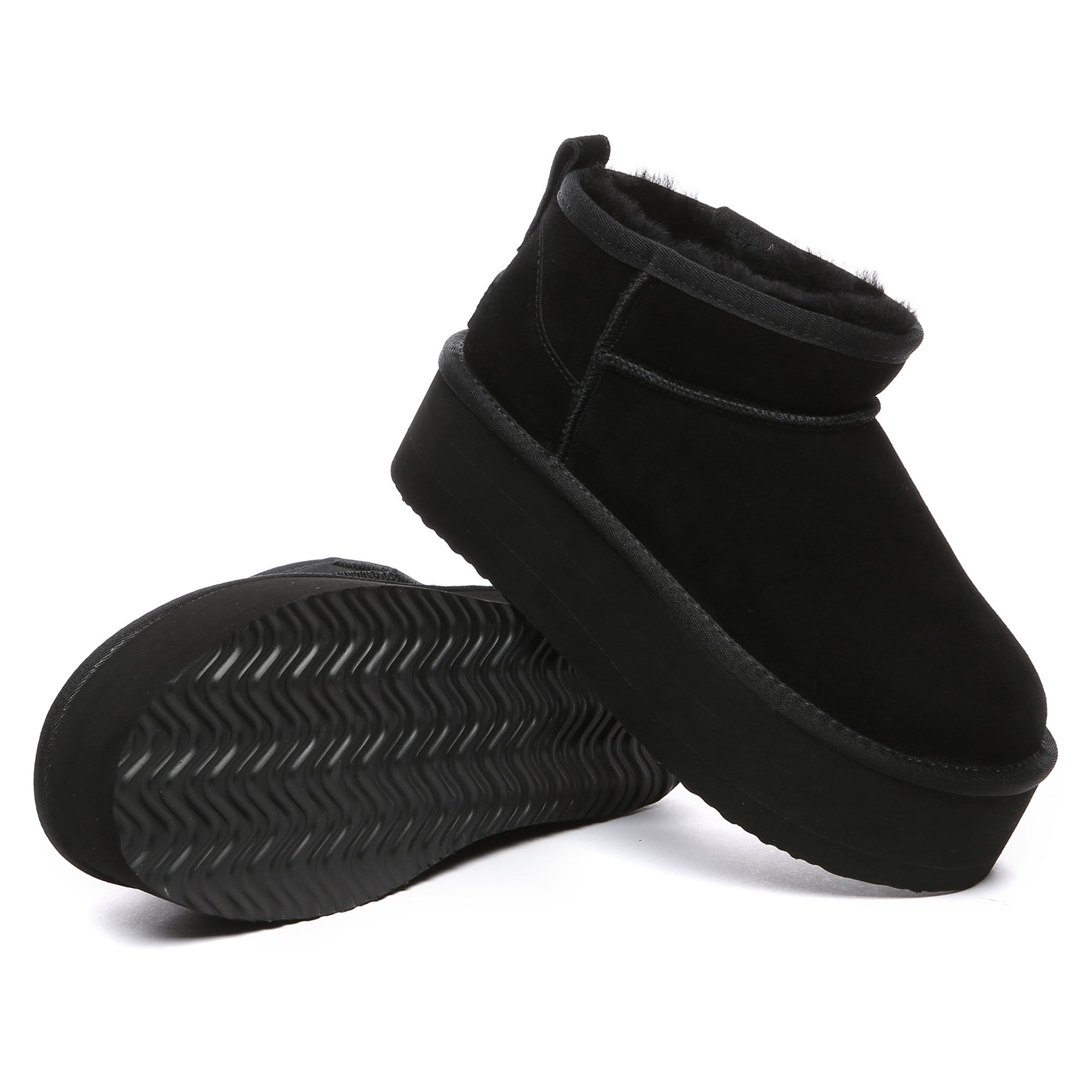 Black EverUgg Premium Ultra Mini Platform UGG Boots with a sleek design and fuzzy interior, perfect for stylish winter wear.