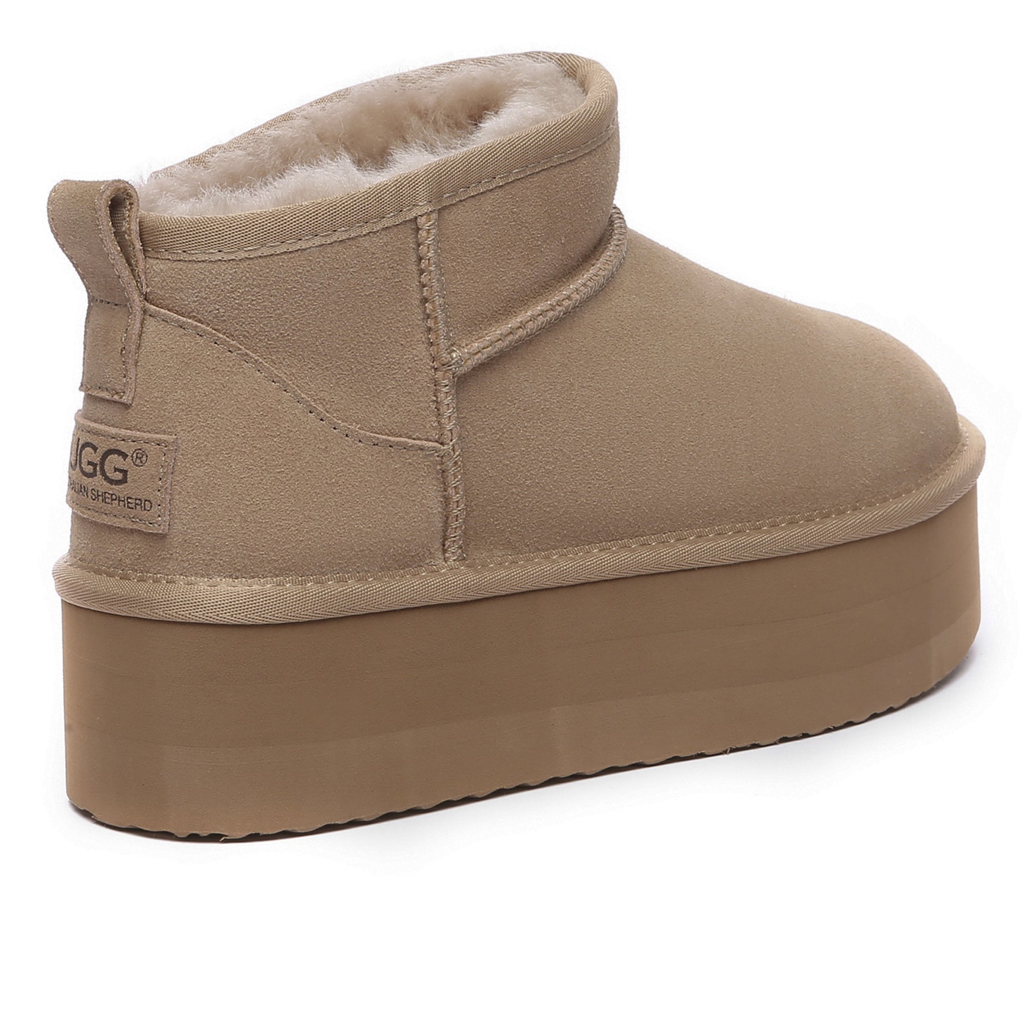 EverUgg Premium Ultra Mini Platform UGG Boots in sandy color, showcasing the stylish ankle-high design and textured sole.