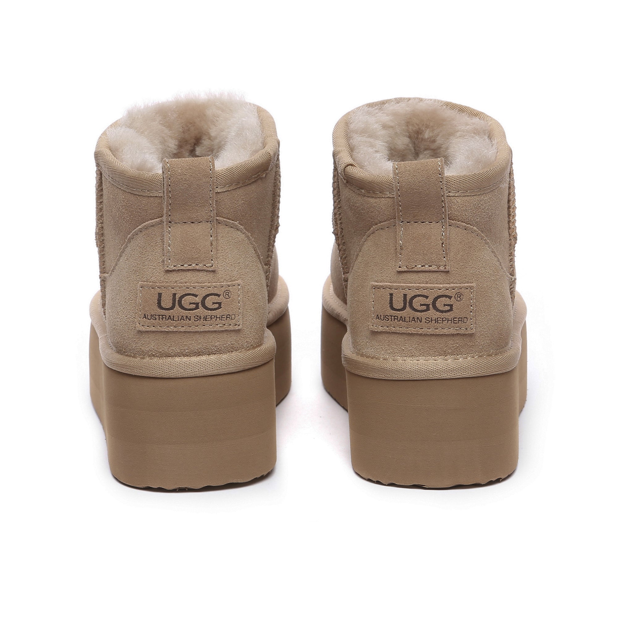 EverUgg premium ultra mini platform UGG boots in sand color, showcasing the stylish and cozy footwear design.