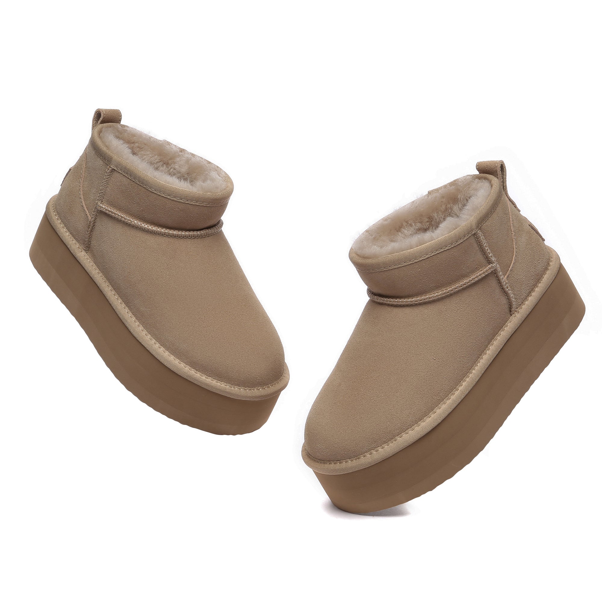 EverUgg Premium Ultra Mini Platform UGG Boots in sand color, showcasing the stylish ankle-high design and textured sole.