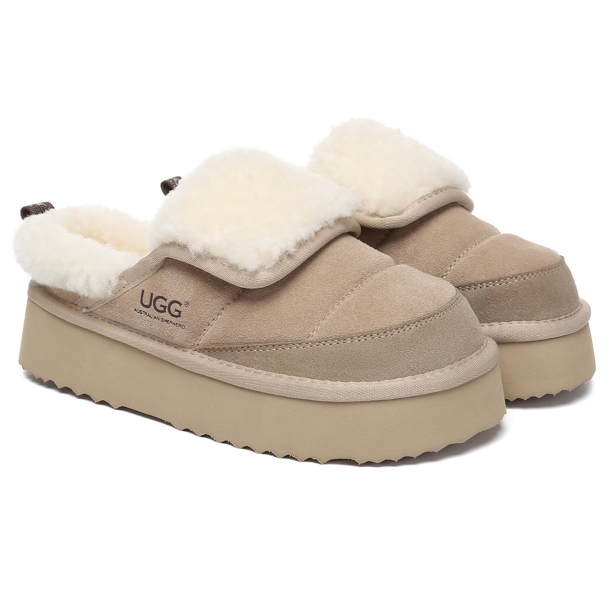 EverUgg Puffer Sheepskin Platform Slippers for women, featuring plush sheepskin with a chunky platform sole and cozy design.