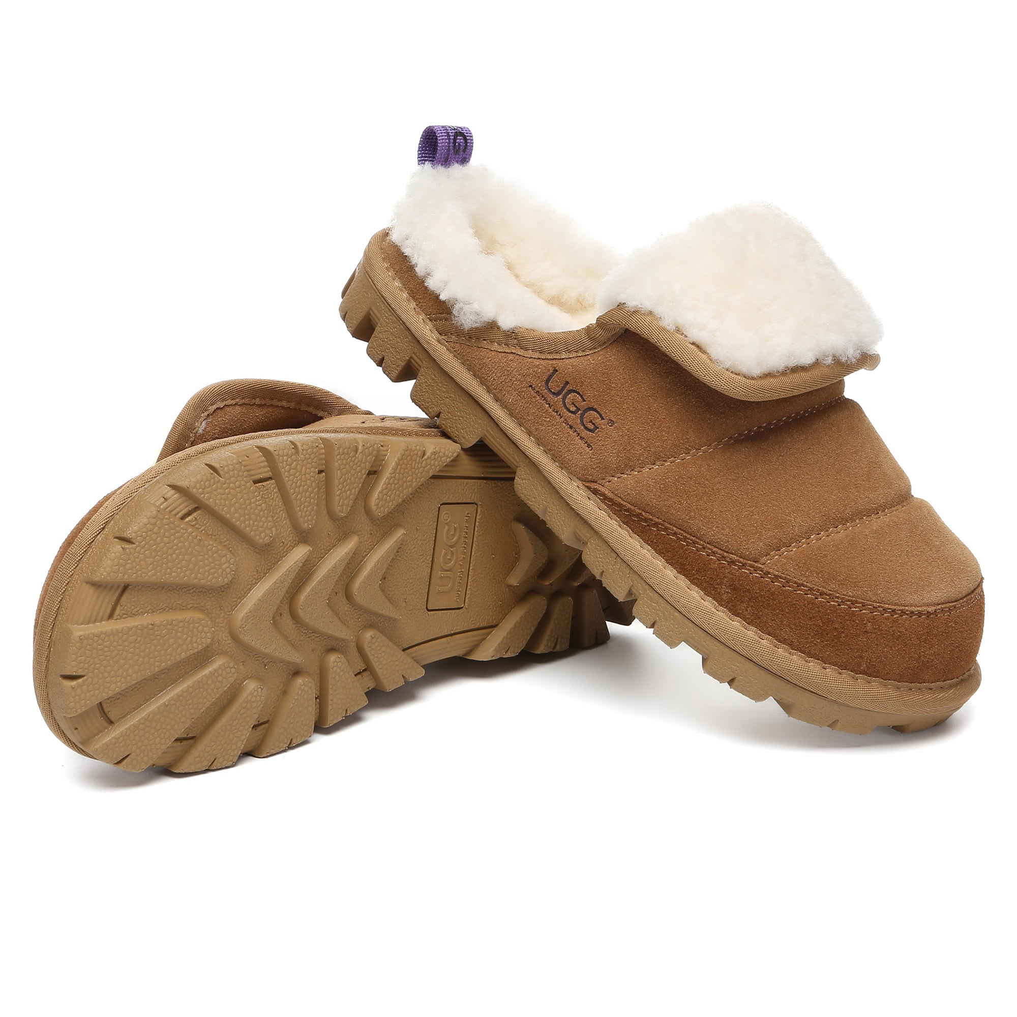 EverUgg Puffer Sheepskin Slippers for women, cozy slide shoes with plush sheepskin lining and puffer design.