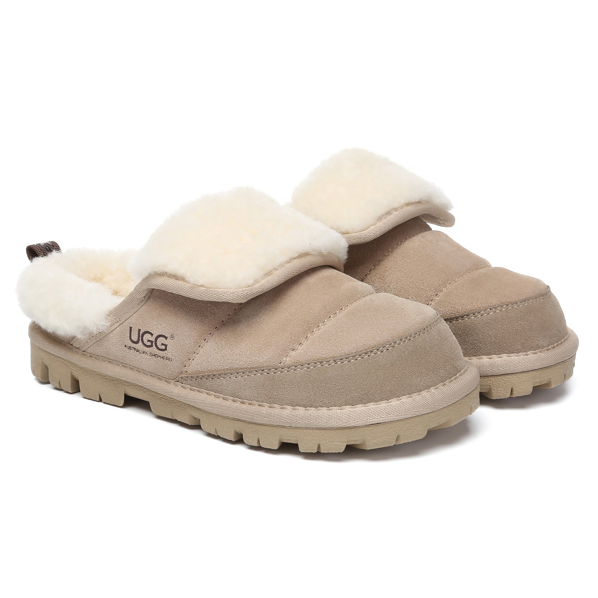 EverUgg Puffer Sheepskin Slippers for women with plush interior and quilted puffer exterior, designed for cozy comfort.
