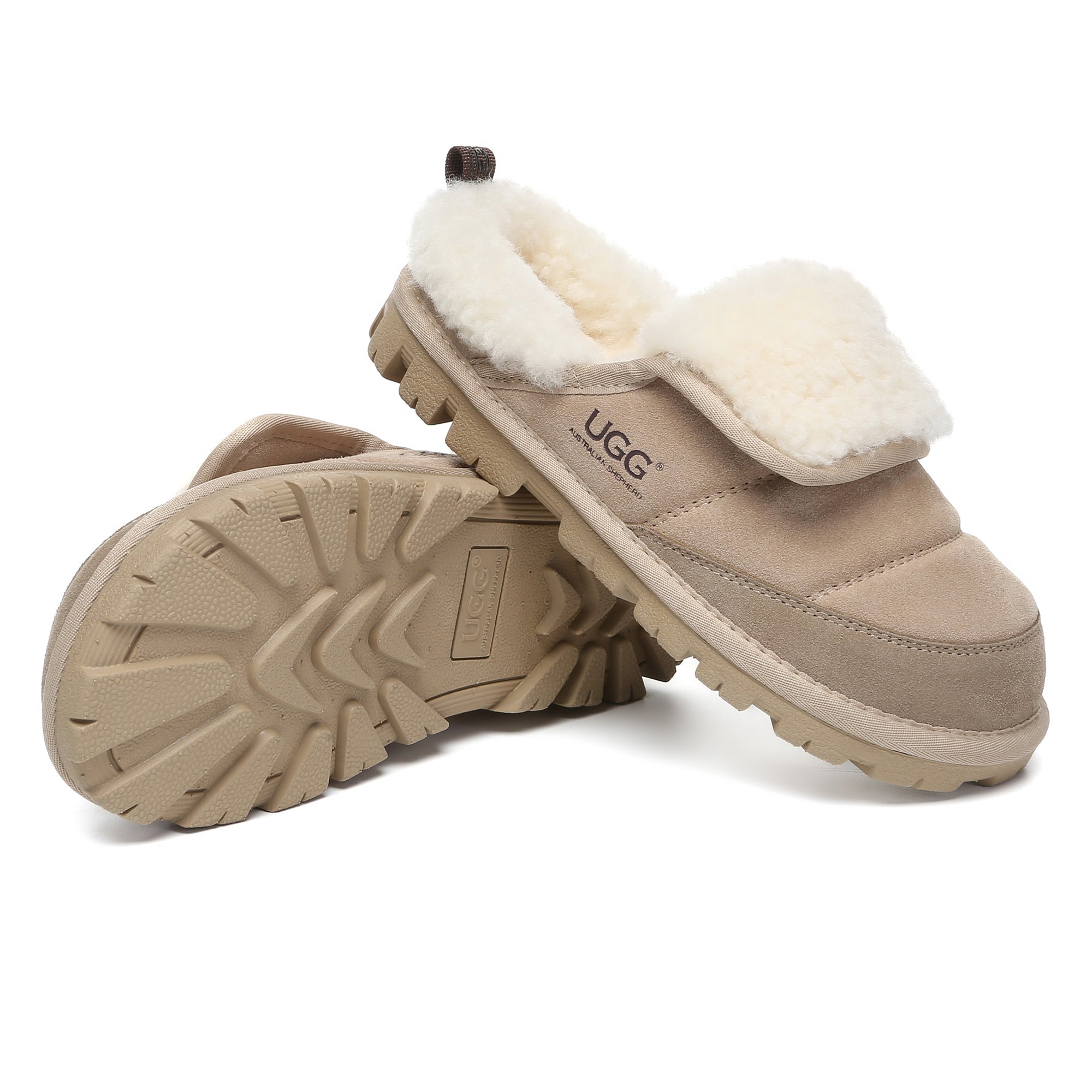 EverUgg Puffer UGG sheepskin slippers for women, cozy slip-on shoes with plush sheepskin lining and puffer design.