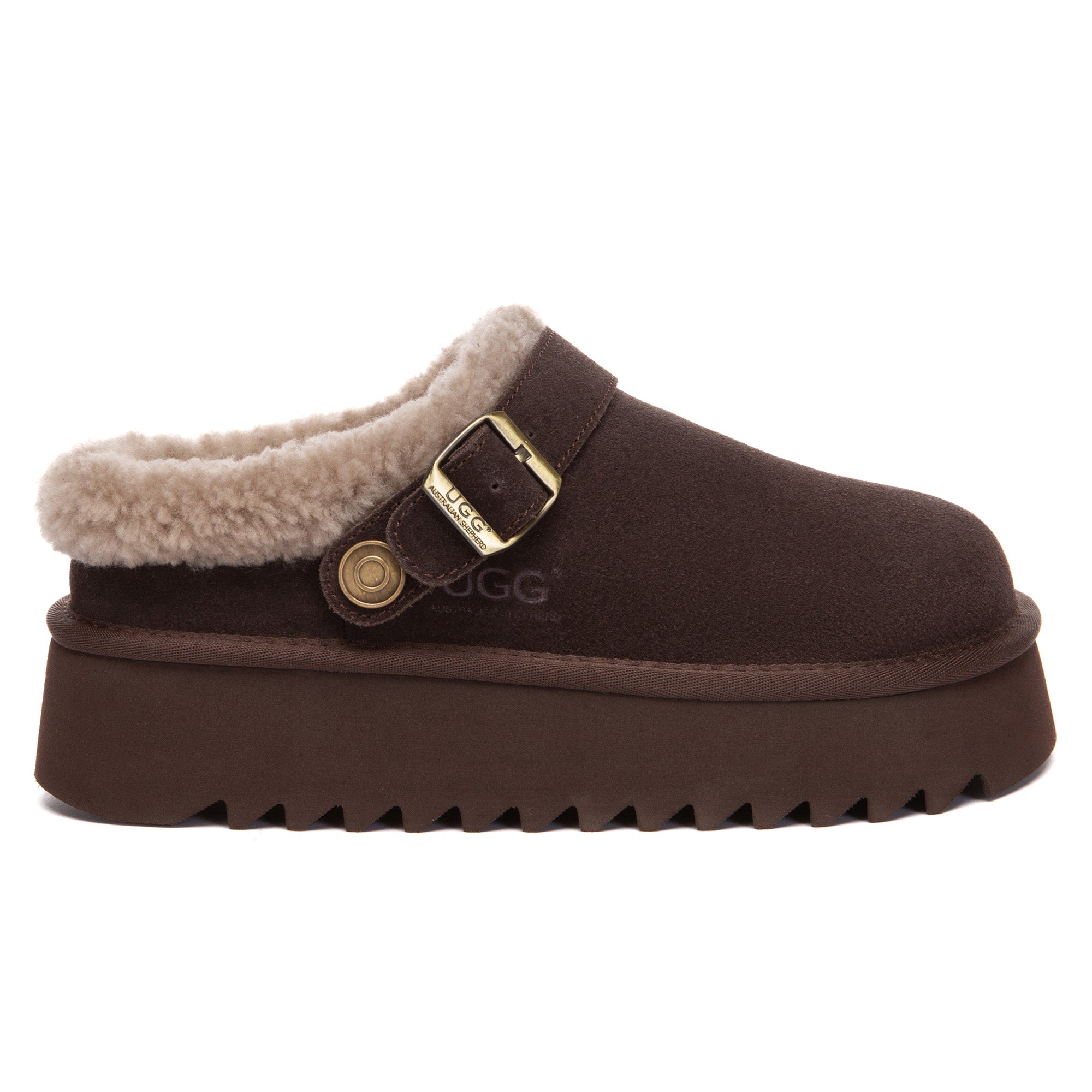 EverUgg Pulse Buckle Strap UGG Platform Slippers for women featuring wide strap with buckle detail and elevated platform sole.