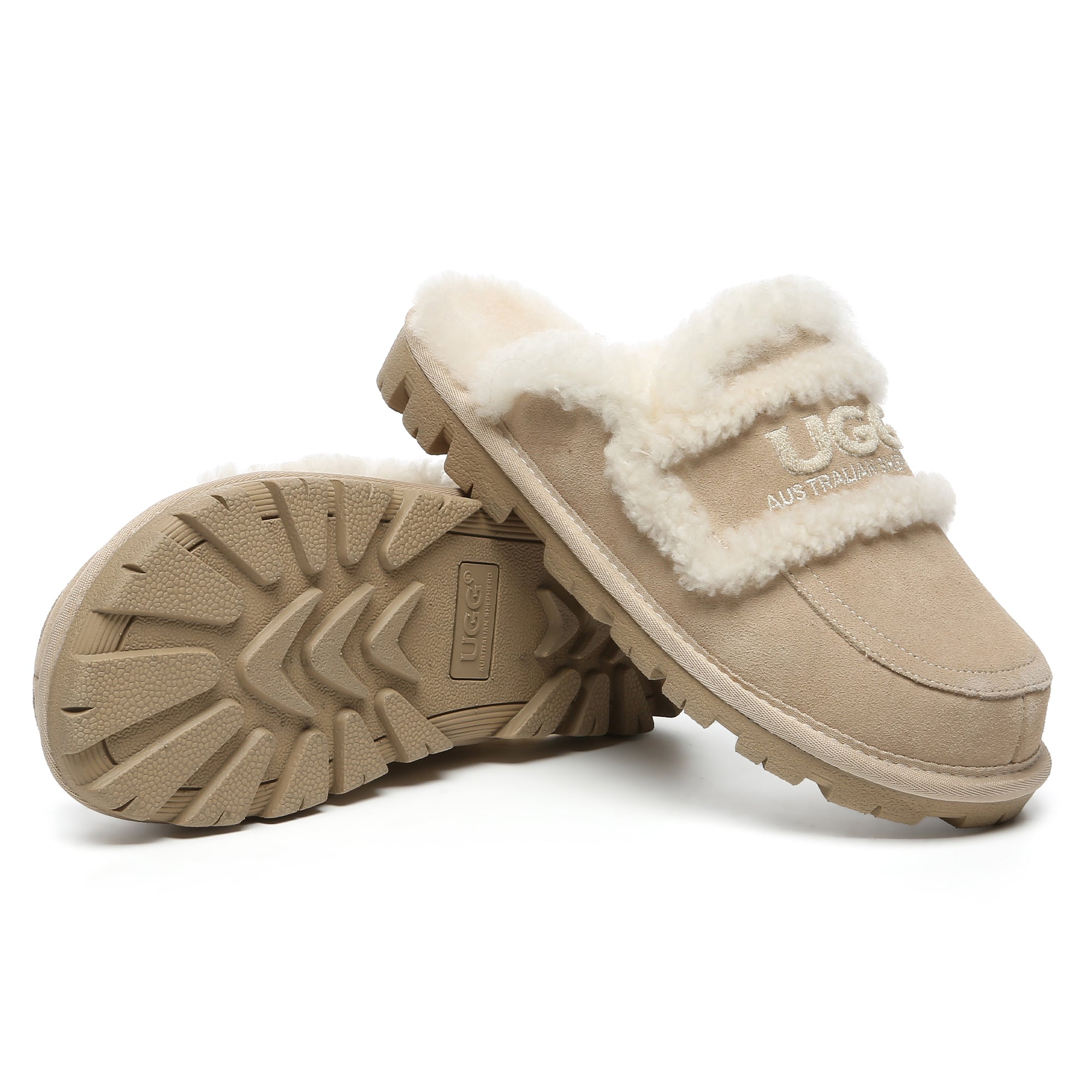 EverUgg Riley shearling wool comfort sole UGG slippers for women, showing plush shearling lining and cozy slip-on design