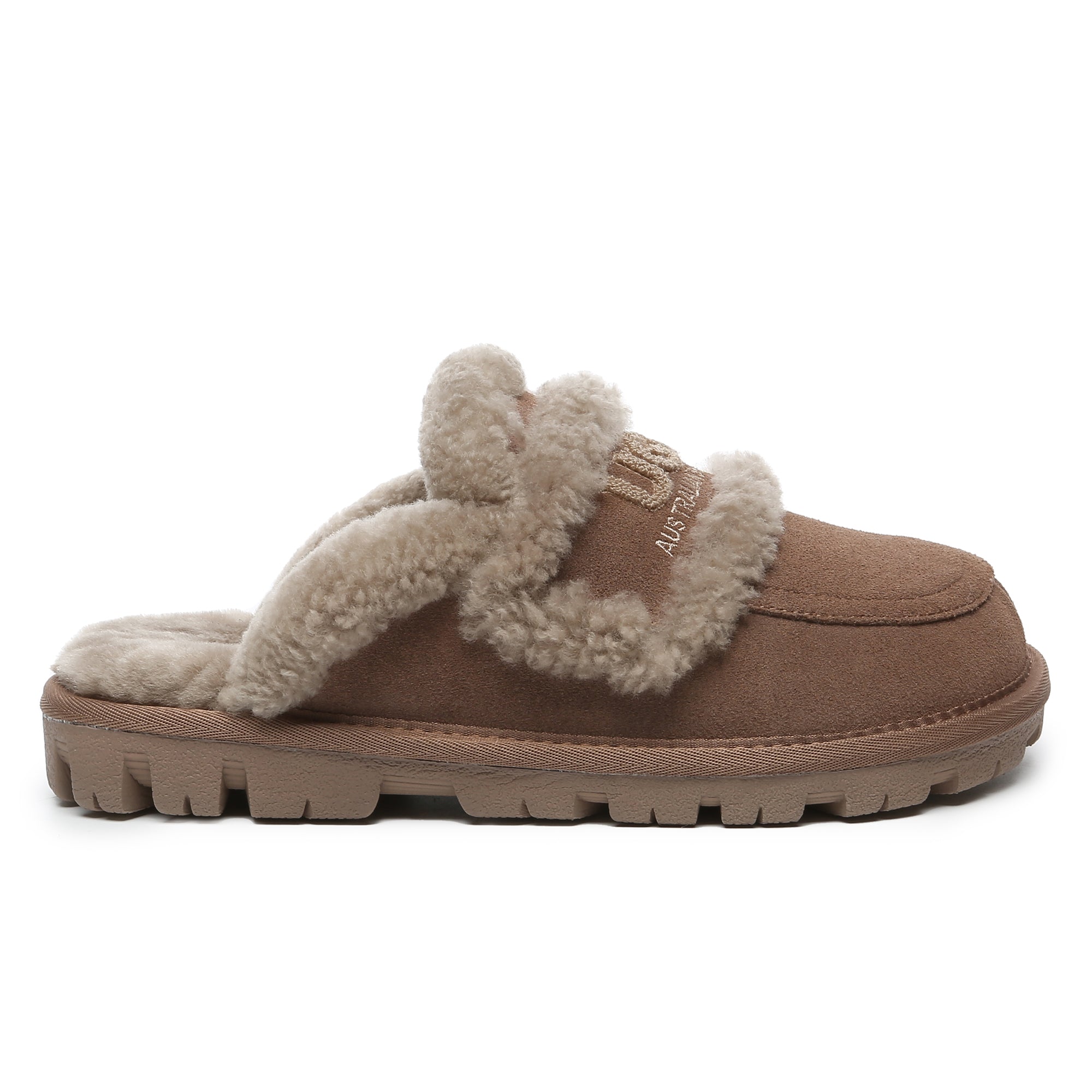 EverUgg Riley shearling wool UGG slippers with comfort sole, featuring plush interior and slip-on design for women.