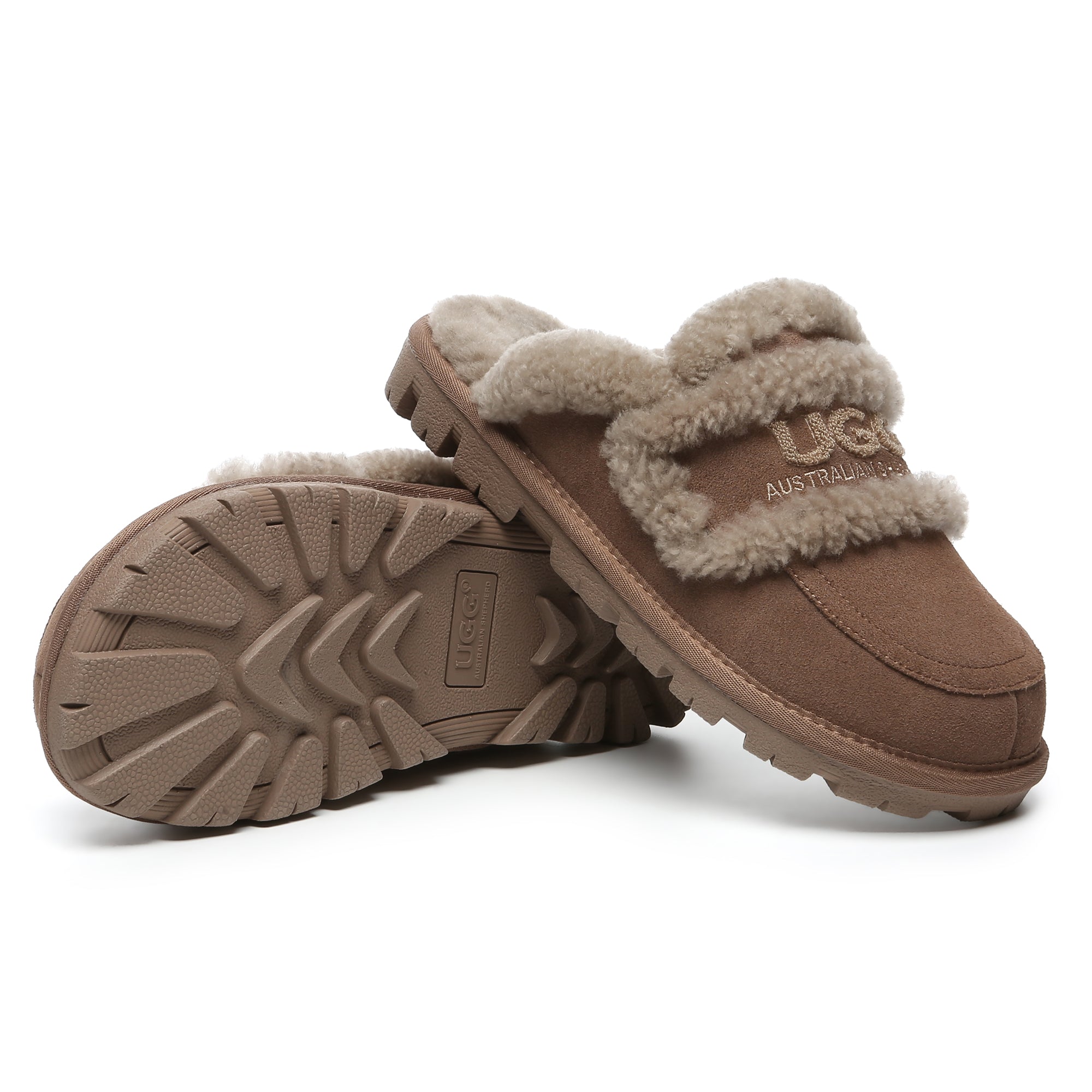 EverUgg Riley shearling wool UGG slippers for women featuring a plush comfort sole and cozy slip-on design.