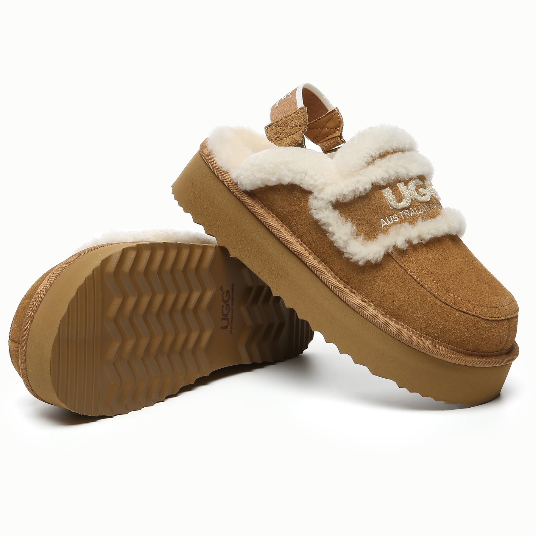 EverUgg Riley UGG platform slingback slippers with open toe and cushioned footbed, featuring a neutral beige color.