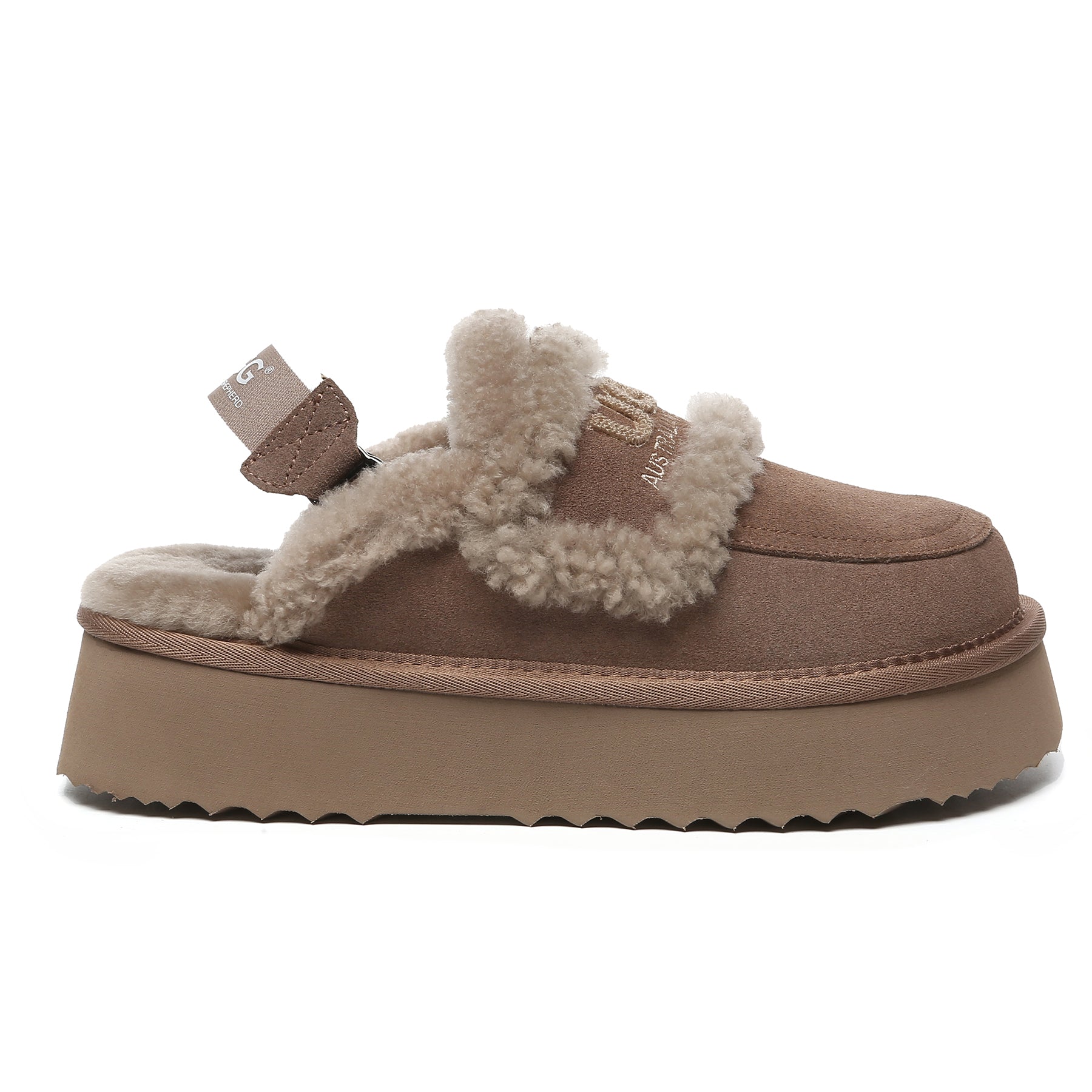Brown UGG platform slingback slippers for women with soft slip-on design and cushioned sole by EverUgg.