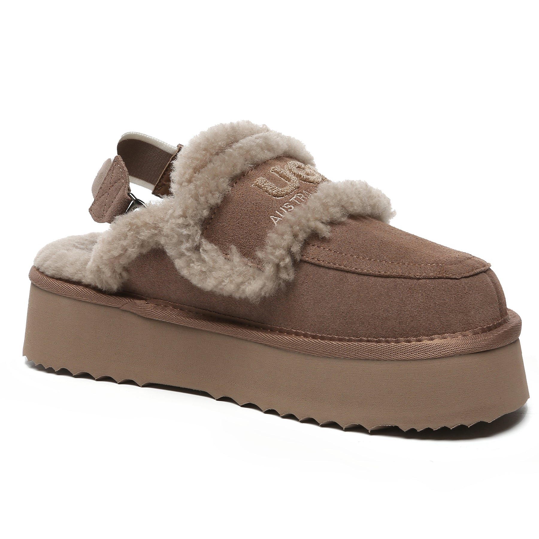 Brown Riley UGG platform slingback slippers for women with cushioned soles and open-toe design.