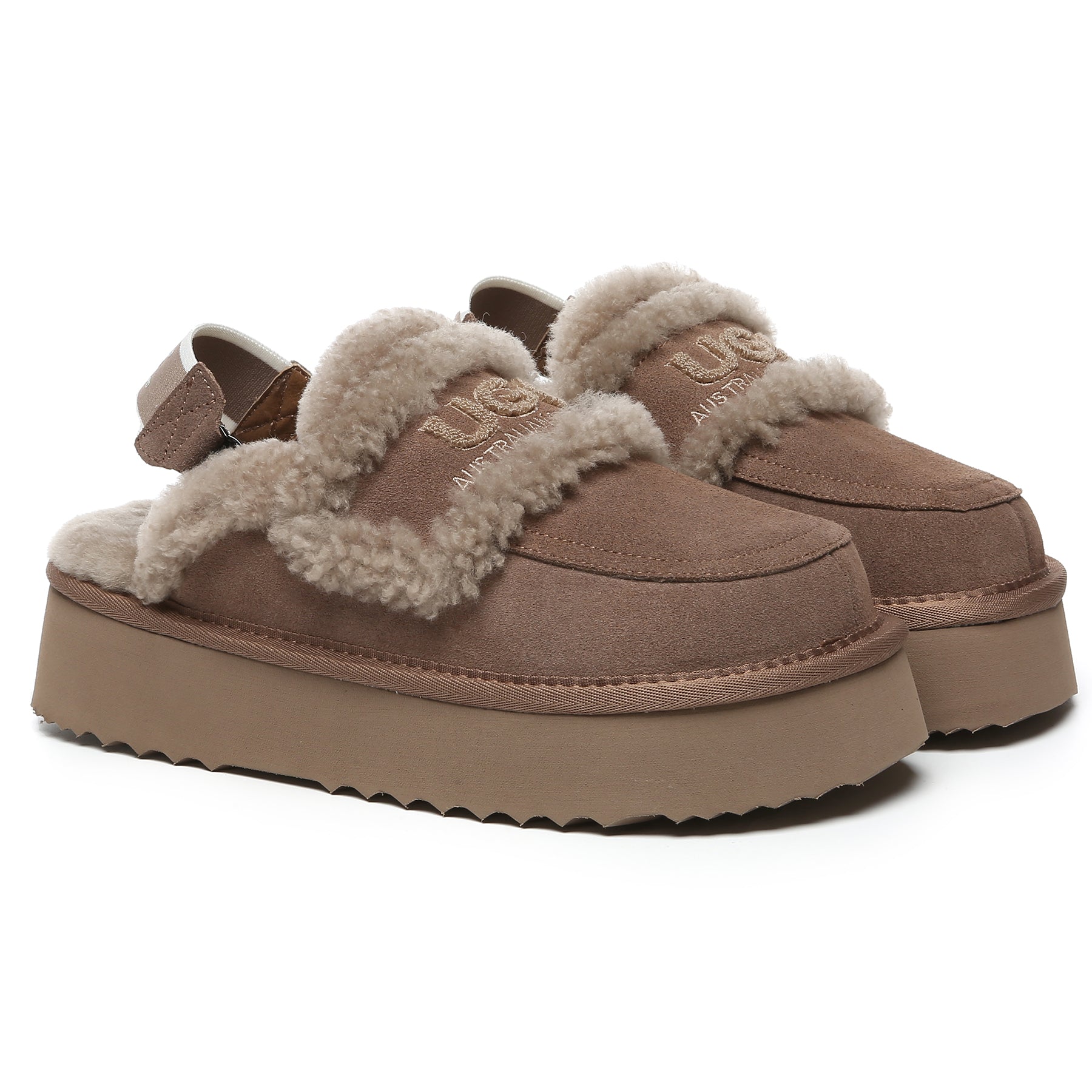 Brown Riley UGG platform slingback slippers for women with cushioned soles and stylish design, perfect for casual comfort.