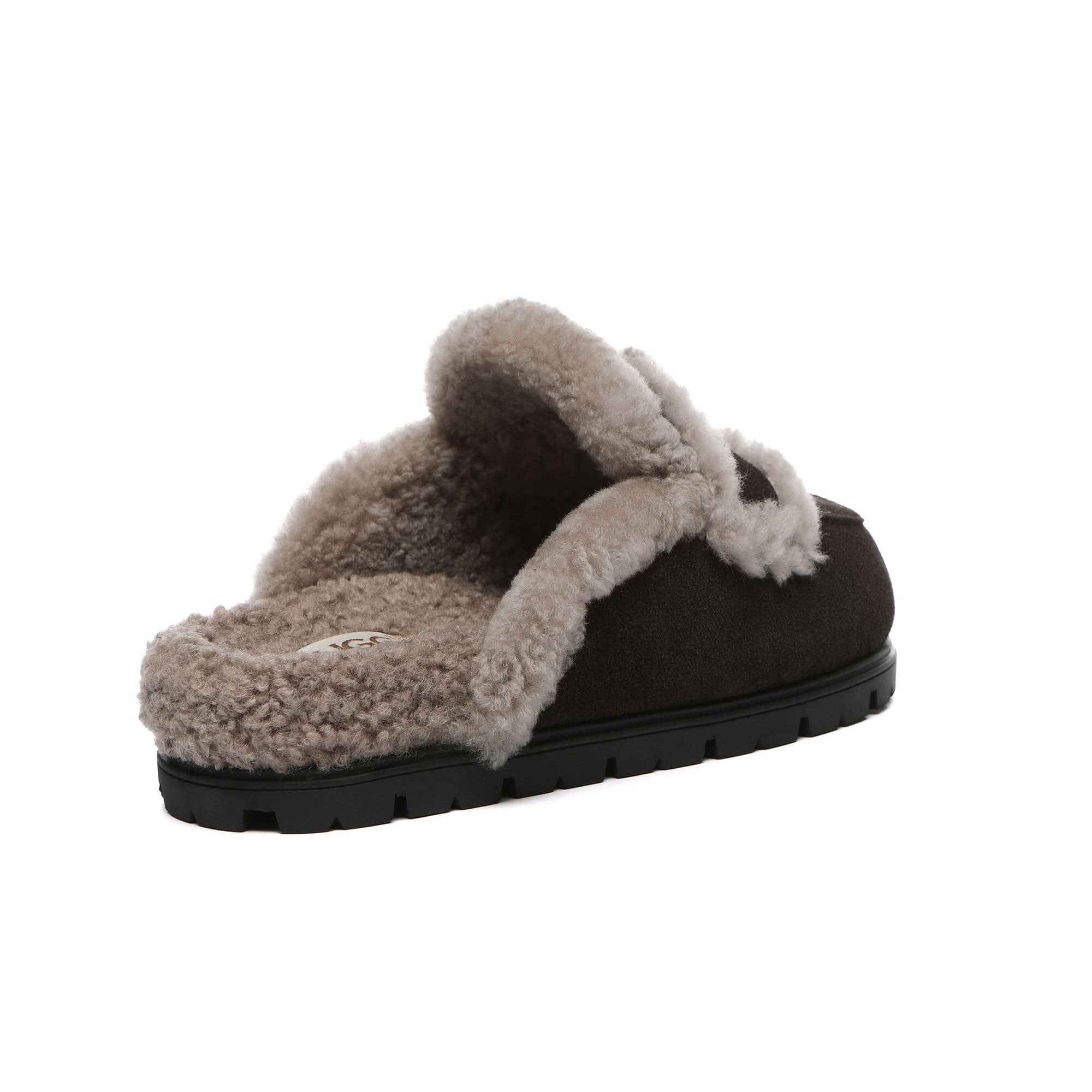 EverUgg Rome shearling UGG slippers in chocolate, featuring open-toe sandal design with plush shearling lining.
