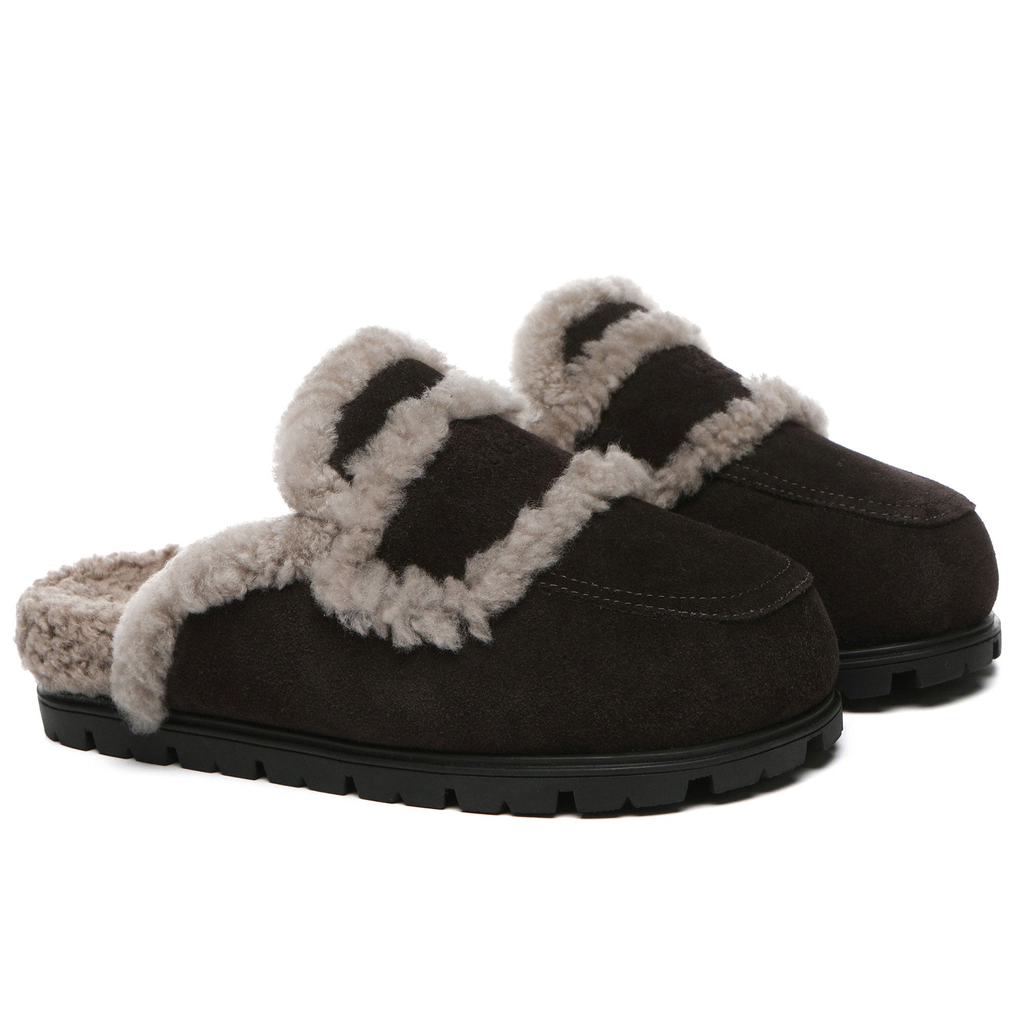 EverUgg Rome Shearling Premium UGG slippers in chocolate, showcasing soft shearling lining and open sandal design.