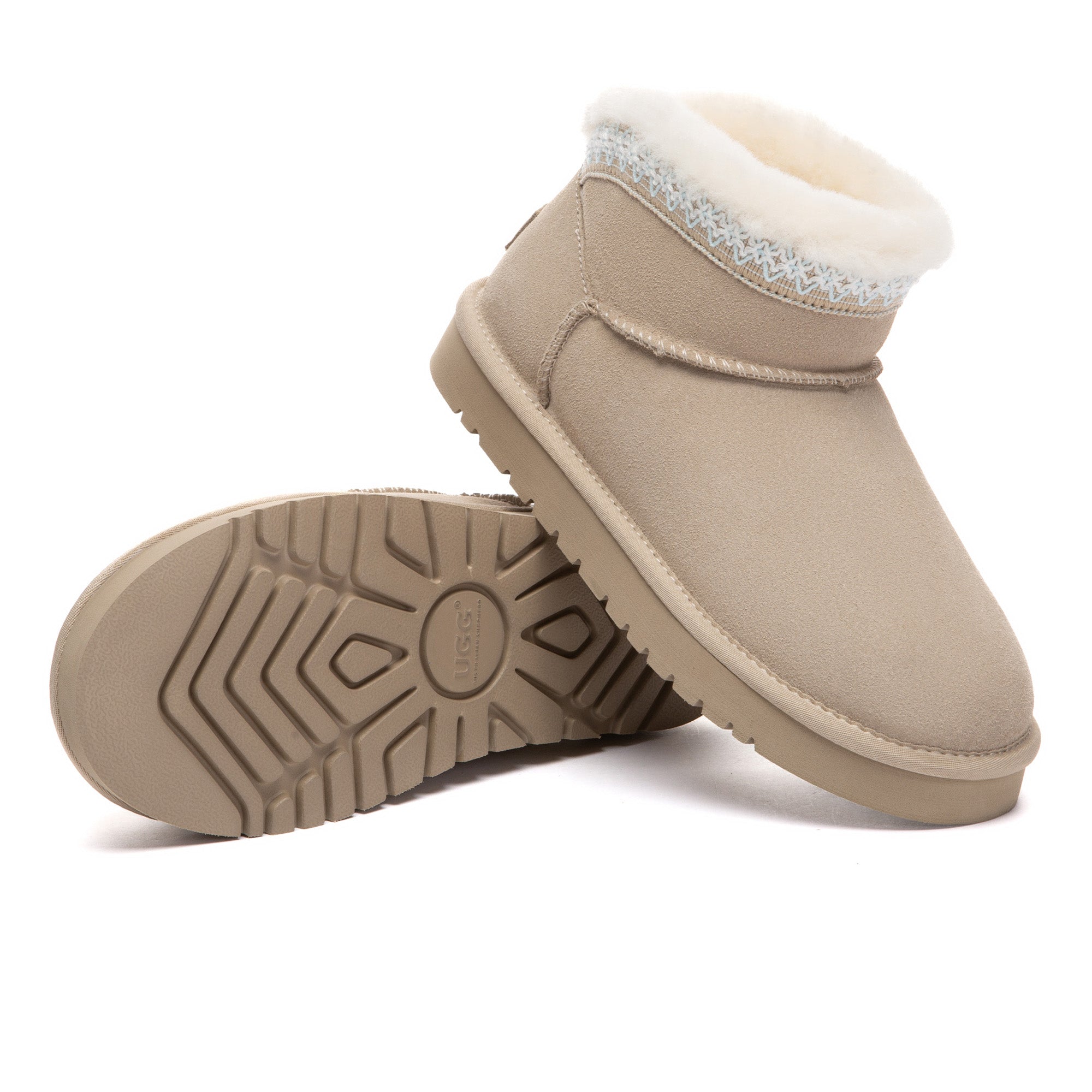 EverUgg Bohemian Ultra Mini UGG Boots in suede with plush lining, featuring a trendy mini design and decorative stitching.