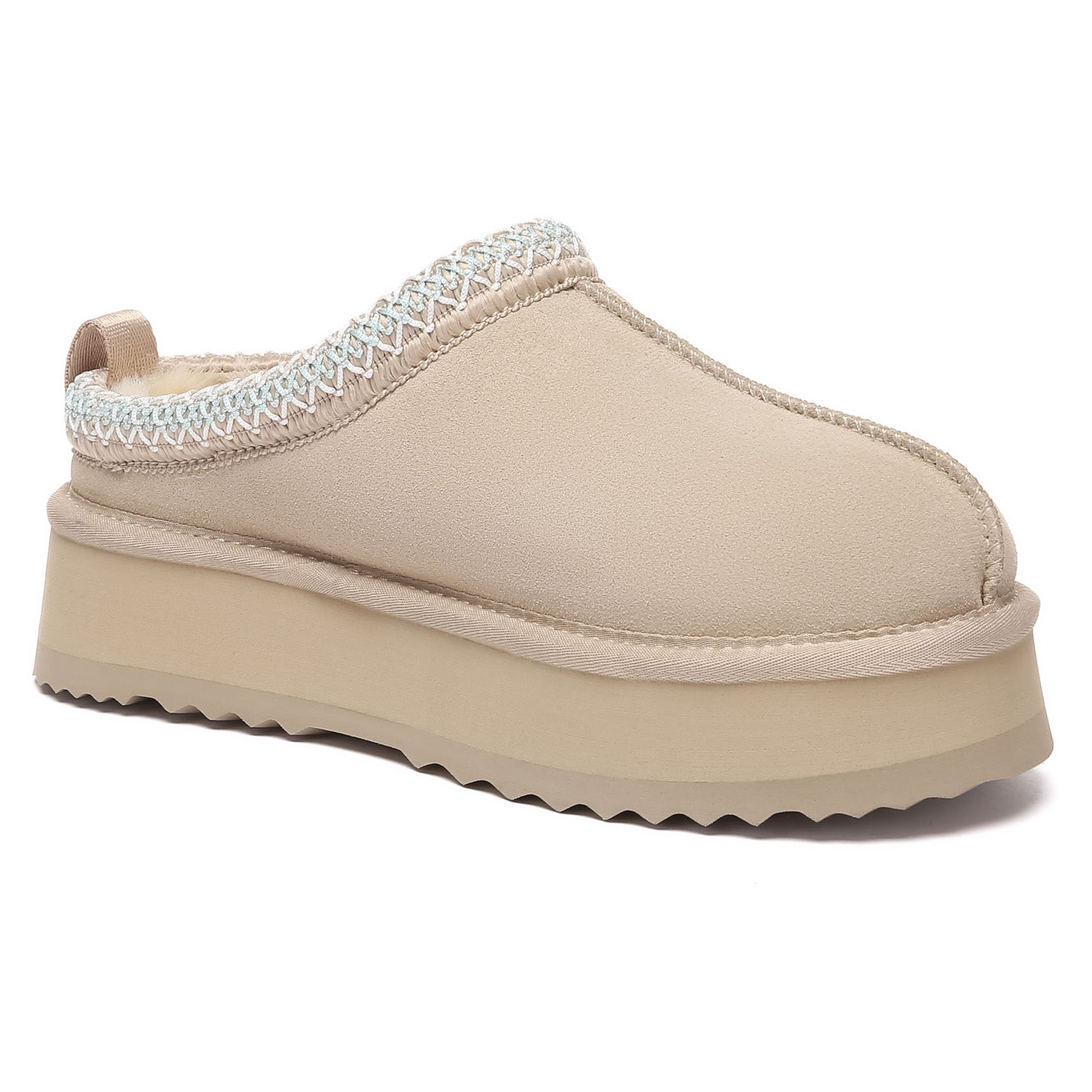 Multicolor Tazman UGG platform slippers for women by EverUgg, showing the vibrant slip-on shoes with plush interior and textured sole.