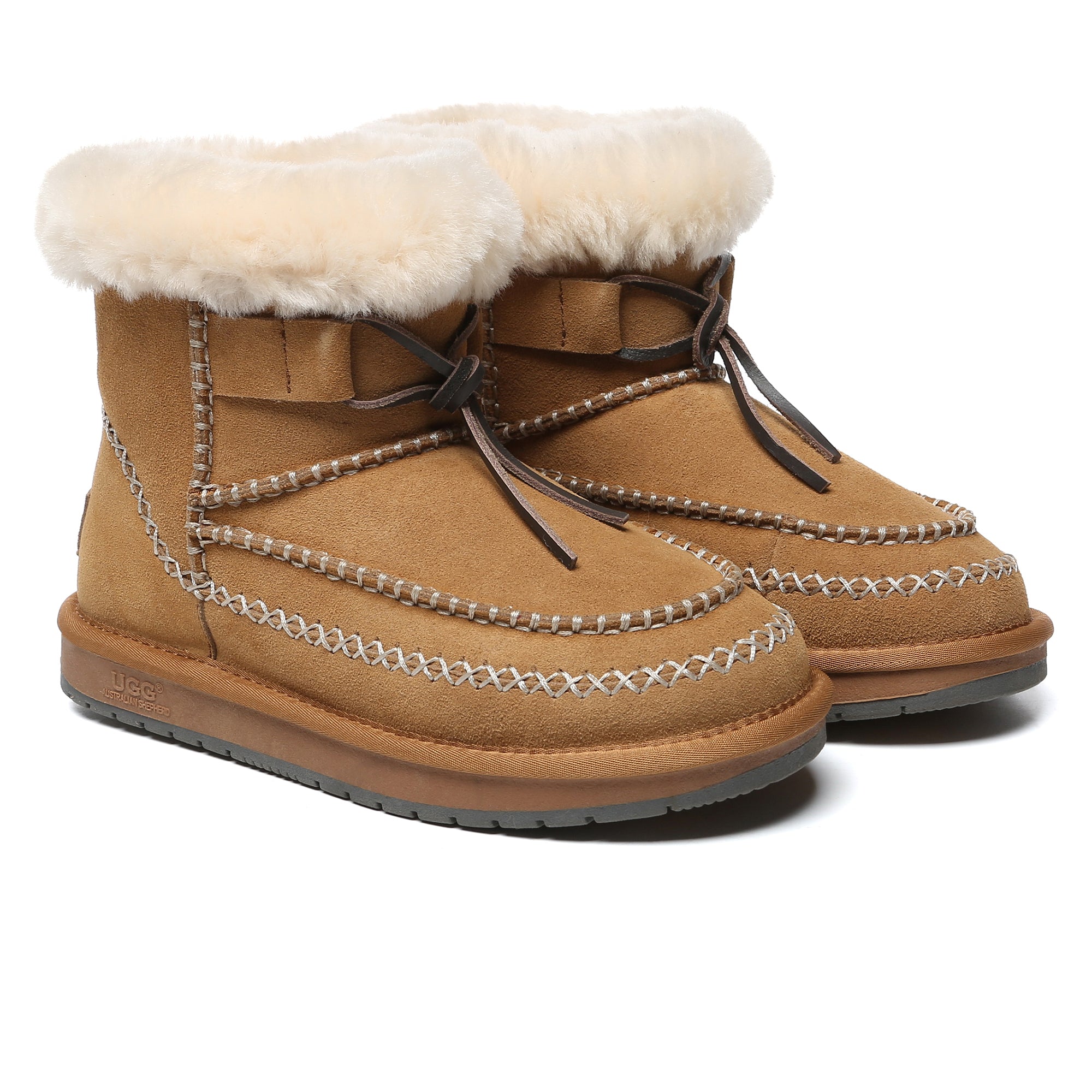 EverUgg Santana Stitch Mini UGG Boots for women, cozy sheepskin-lined shoes with stylish stitching detail.