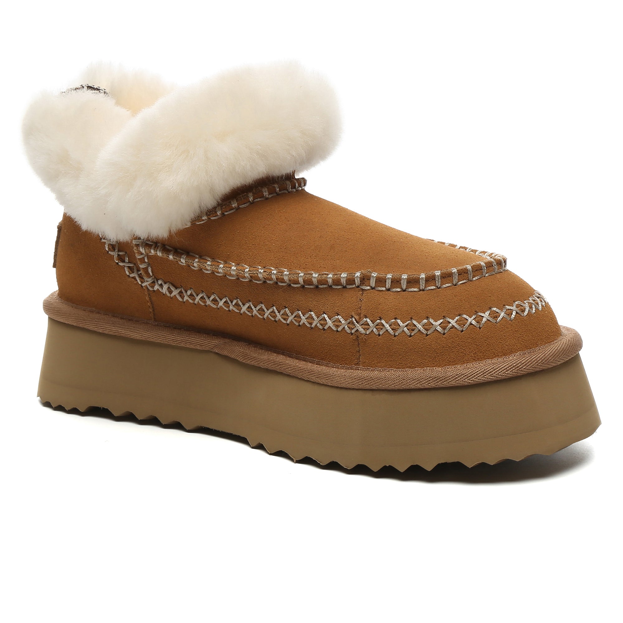EverUgg Santana Stitch UGG mini ankle platform slippers for women, showcasing cozy slip-on shoes with stitching detail.