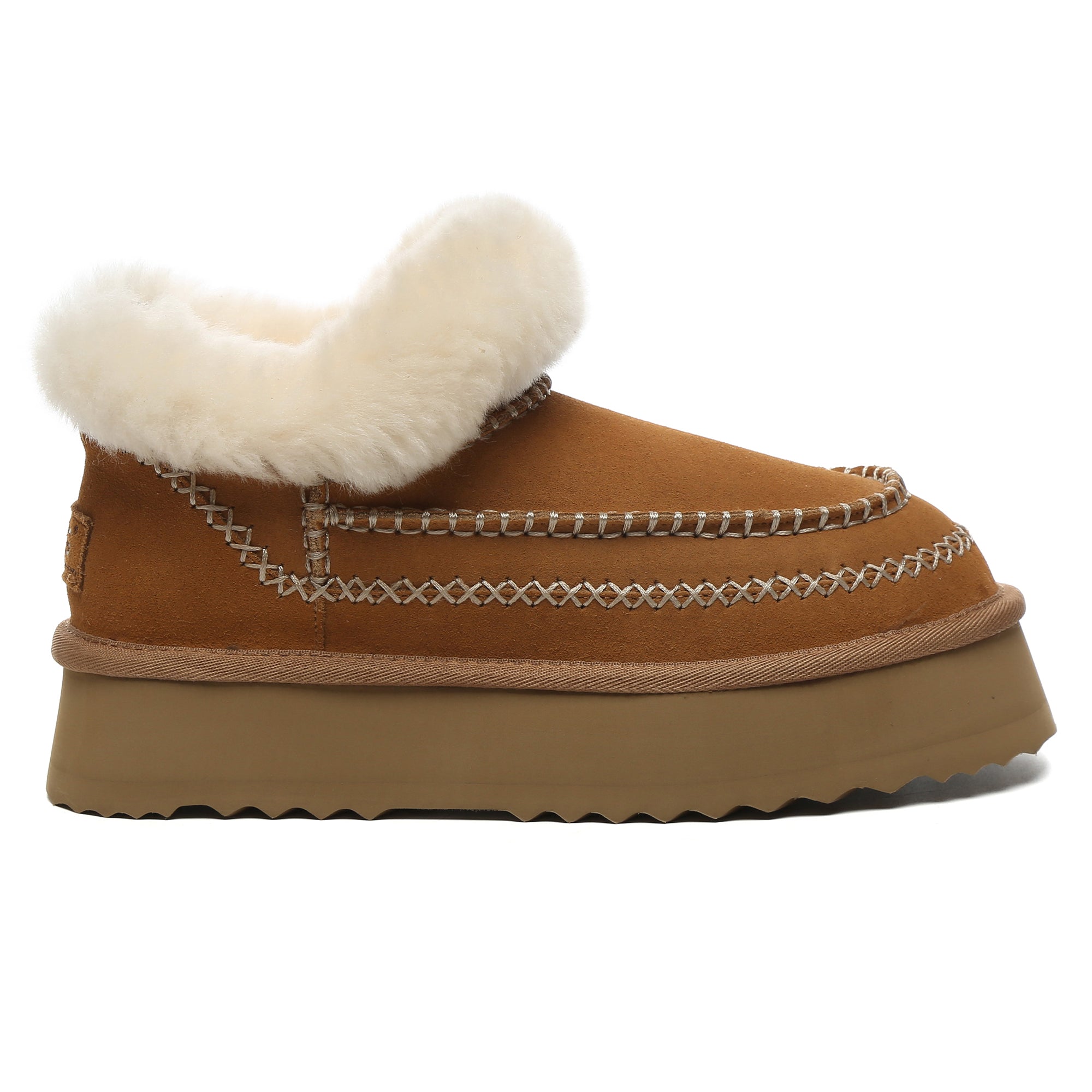 EverUgg Santana Stitch UGG mini ankle platform slippers for women featuring cozy knit stitching and slip-on design.